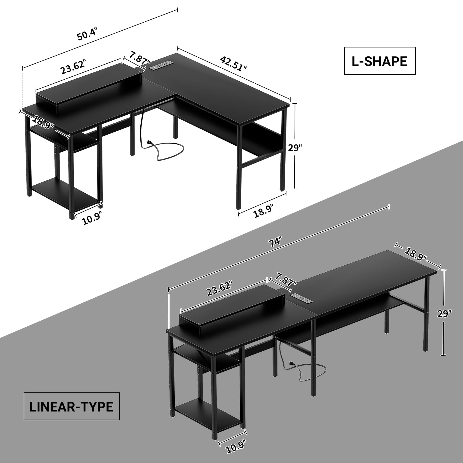 Reversible L-Shaped Desk with USB Power Outlets & LED Light - Sturdy Corner Computer Desk with Monitor Stand & Storage Shelves - Gaming & Home Office Desk - Easy Assembly - Black - Perfect for Small Spaces & Multi-Monitor Setups
