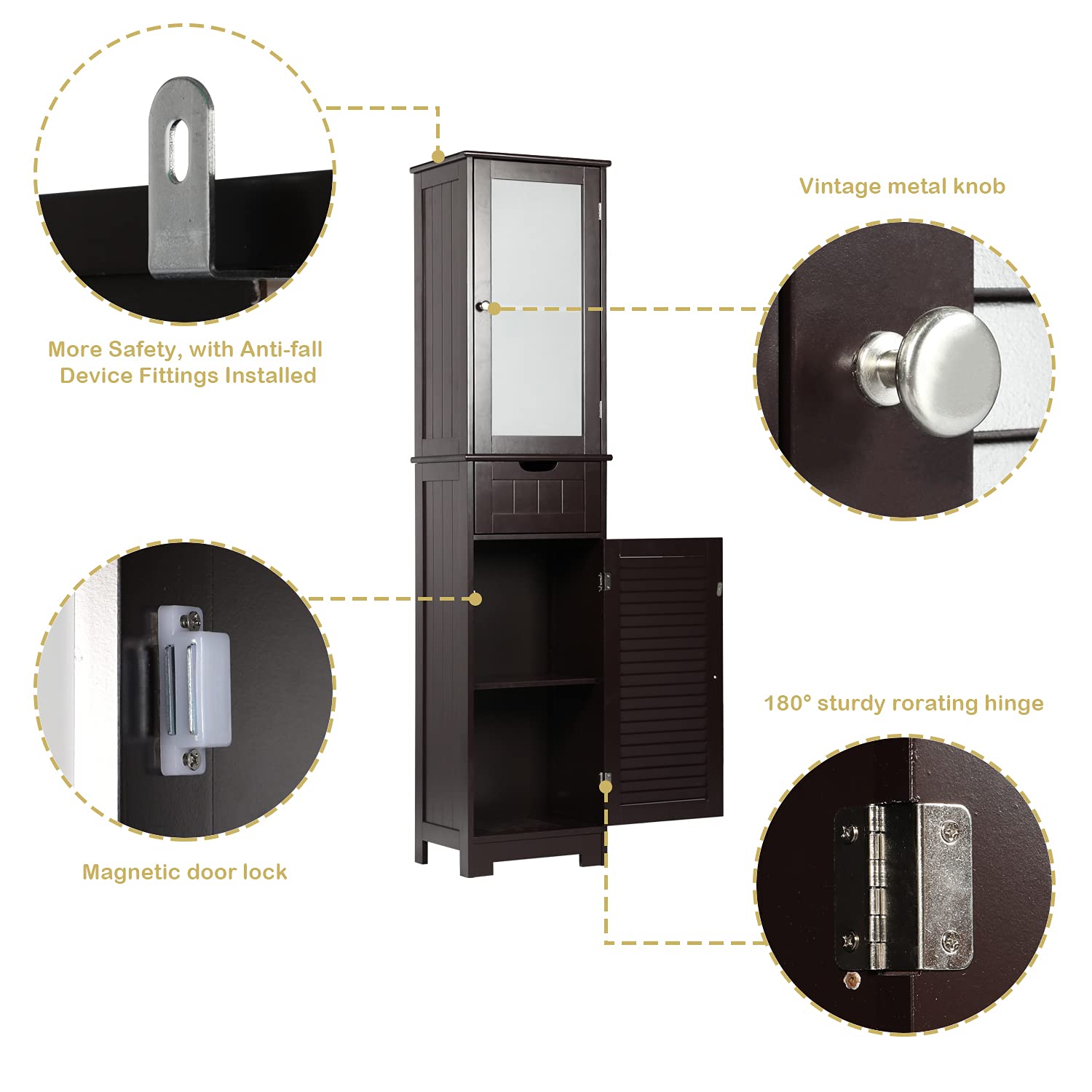 Freestanding Wooden Bathroom Storage Cabinet with Glass Shutter Doors & Adjustable Shelves - Tall Linen Organizer for Bathroom, Bedroom or Laundry Room (Dark Brown) - Perfect for Towels, Toiletries & Home Organization