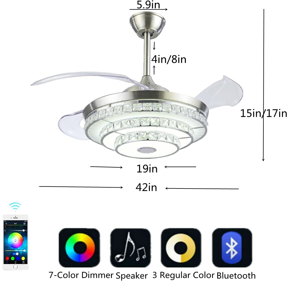 42 Inch Smart Bluetooth Ceiling Fan with LED Light & Speaker - Remote Control, 7 Color Dimmable Lighting, 3 Speed Silent Motor - Perfect for Bedroom, Living Room, and Outdoor Patio