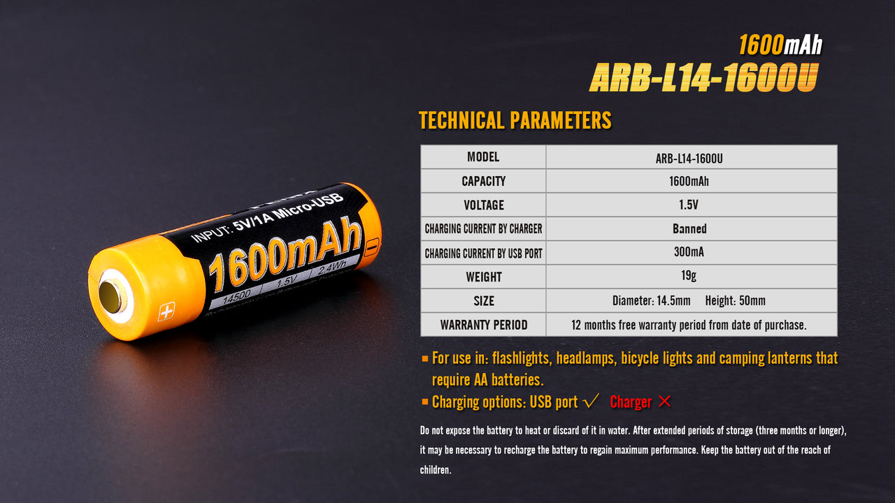 Fenix ARB L14 1600mAh 1.5V USB Rechargeable Lithium-ion AA Battery - Perfect for Flashlights, Cameras & Emergency Kits