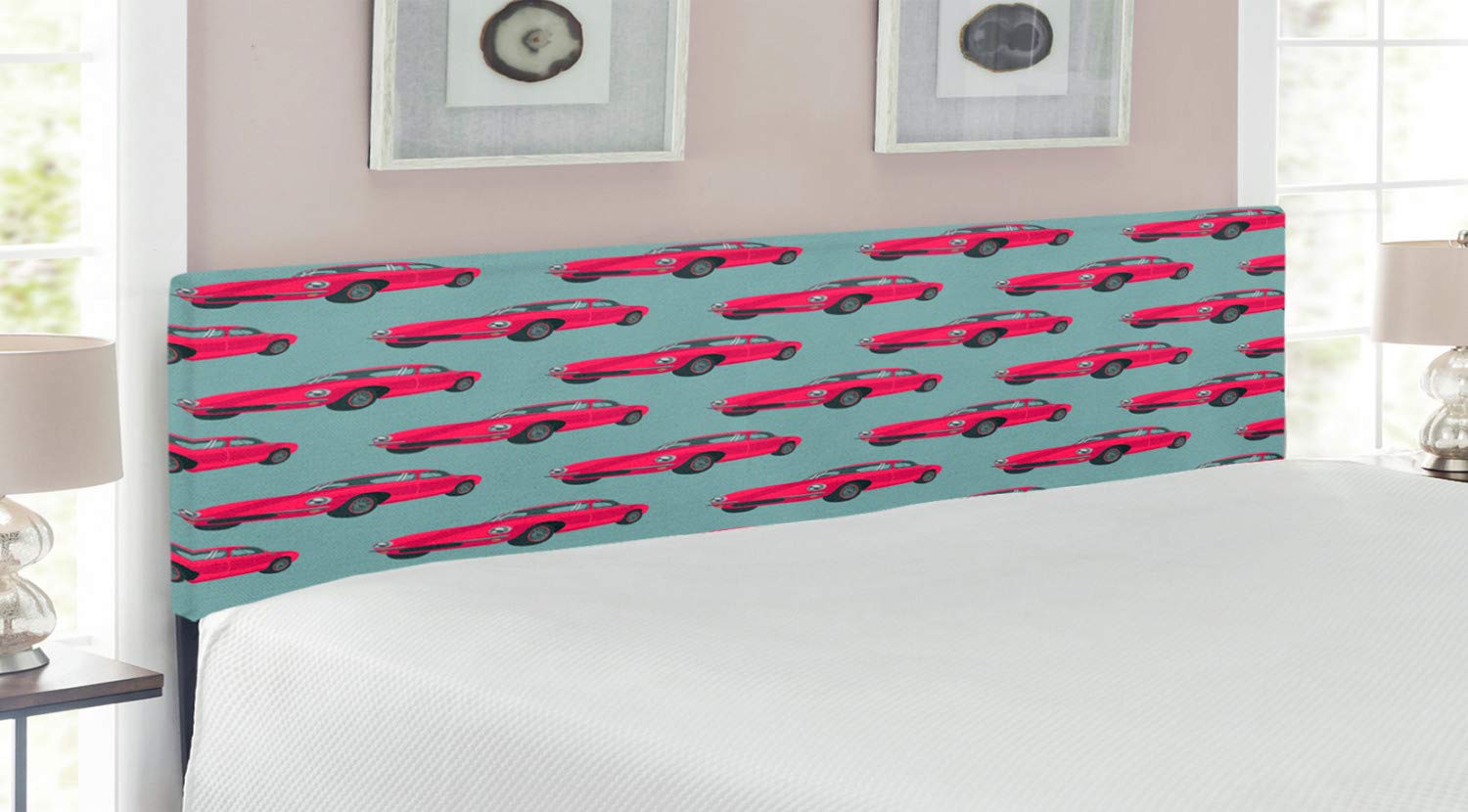 Ambesonne Vintage Red Retro Sports Cars Headboard - 60s & 50s Inspired Upholstered Metal Bed Headboard with Memory Foam, King Size in Pink Slate Blue | Perfect for Classic Car Lovers' Bedroom Decor
