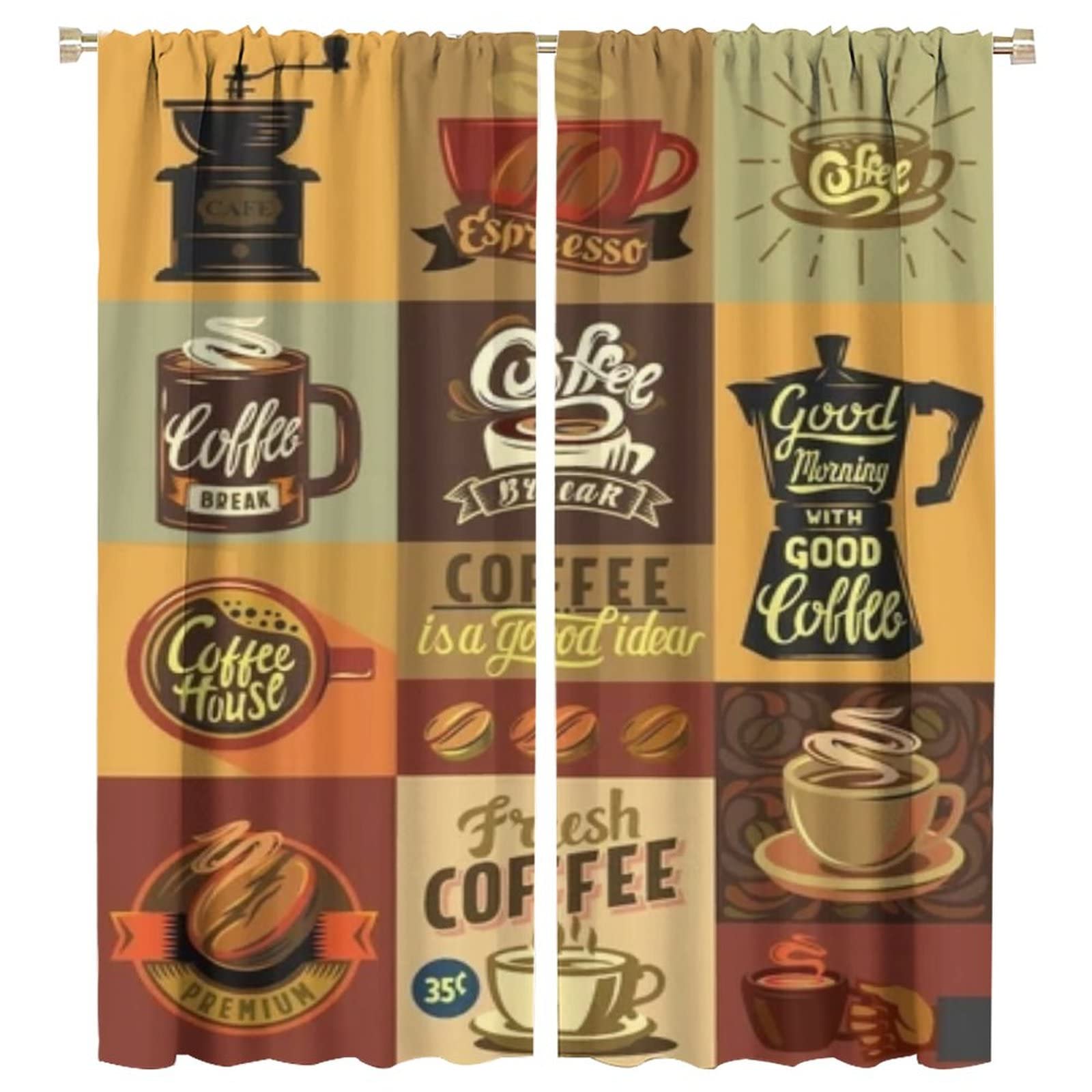 Vintage Coffee Shop Theme Kitchen Curtains - 42x45 Inch Room Darkening Window Curtains with Rod Pocket for Kitchen, Living Room, Cafe - Perfect for Home Decor and Sun Protection