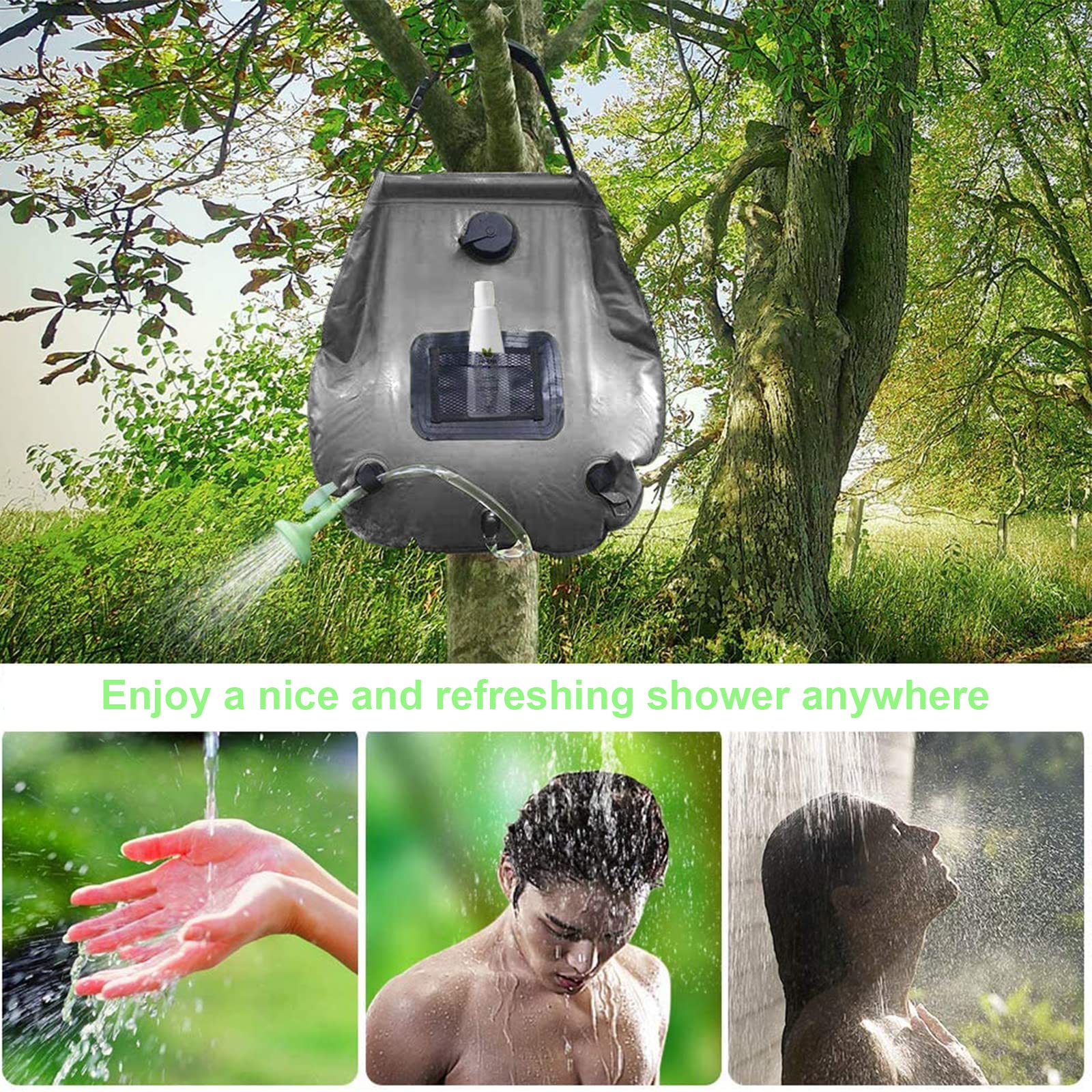 5 Gallon Solar Shower Bag - Portable 20L Camping Shower with Removable Hose & On/Off Switchable Shower Head - Ideal for Beach, Swimming, Hiking, RV Trips and Outdoor Adventures