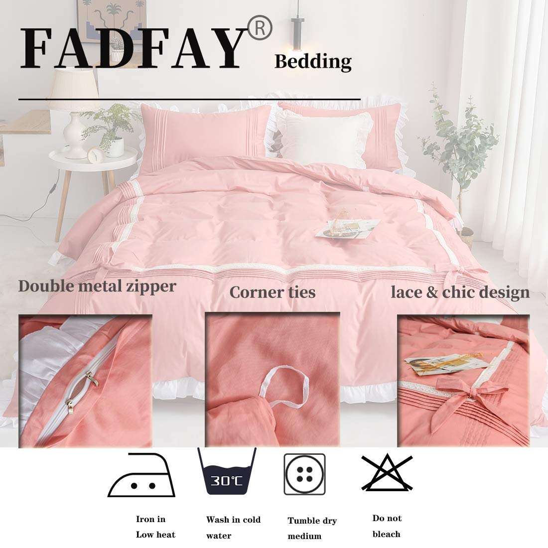 FADFAY 100% Cotton 600 Thread Count Twin Princess Bedding Set - Elegant Ruffle Duvet Cover with Lace Trim, Zipper Closure & Corner Ties | Ultra Soft, Anti-Fade Coral Pink Comforter Cover for Girls | Perfect for Kids' Bedrooms, Sleepovers & Nursery Decor