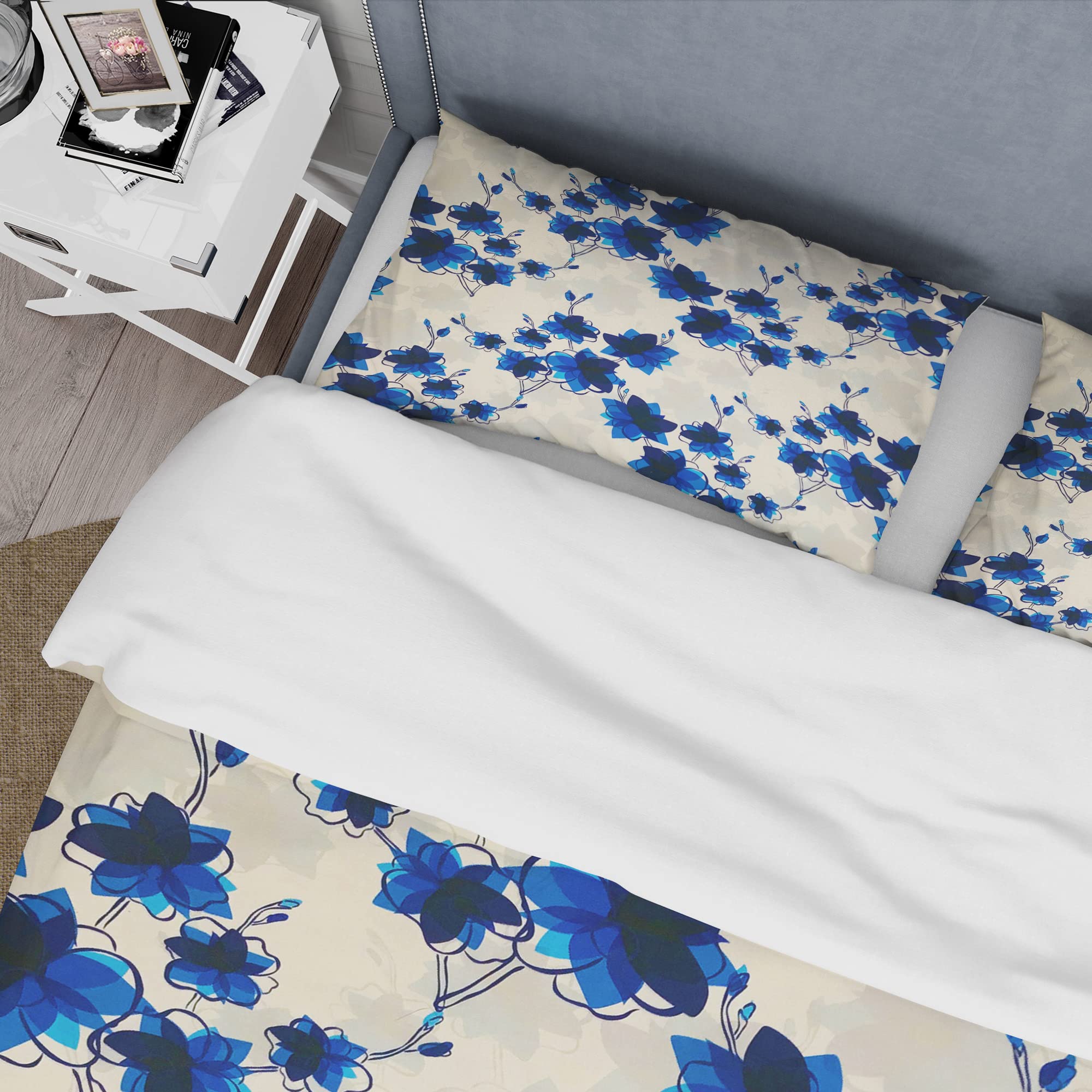 Abstract Blue Flowers Floral Duvet Cover Set - Queen Size Bedding with Pillowcases - Modern Boho Chic Home Decor for Master Bedroom & Guest Room