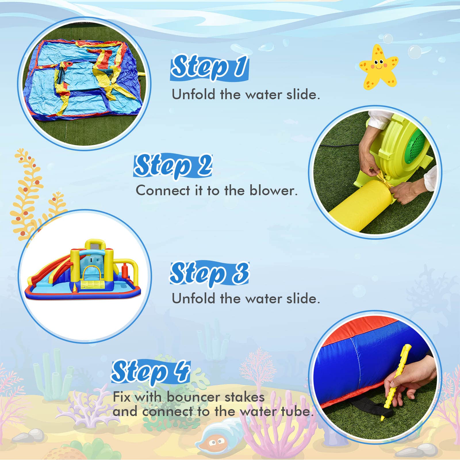 BOUNTECH Inflatable Water Slide with Bounce House Combo - 735w Blower, Splash Pool - Giant Backyard Water Park for Kids & Adults - Perfect for Summer Parties, Birthdays, and Outdoor Family Fun