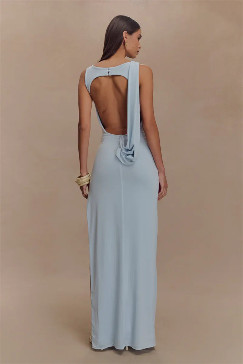 Sexy Backless Ruched Maxi Tank Dress for Women - Elegant O Neck Thigh High Split Bodycon Long Gown | Perfect for Summer Parties, Date Nights & Beach Vacations