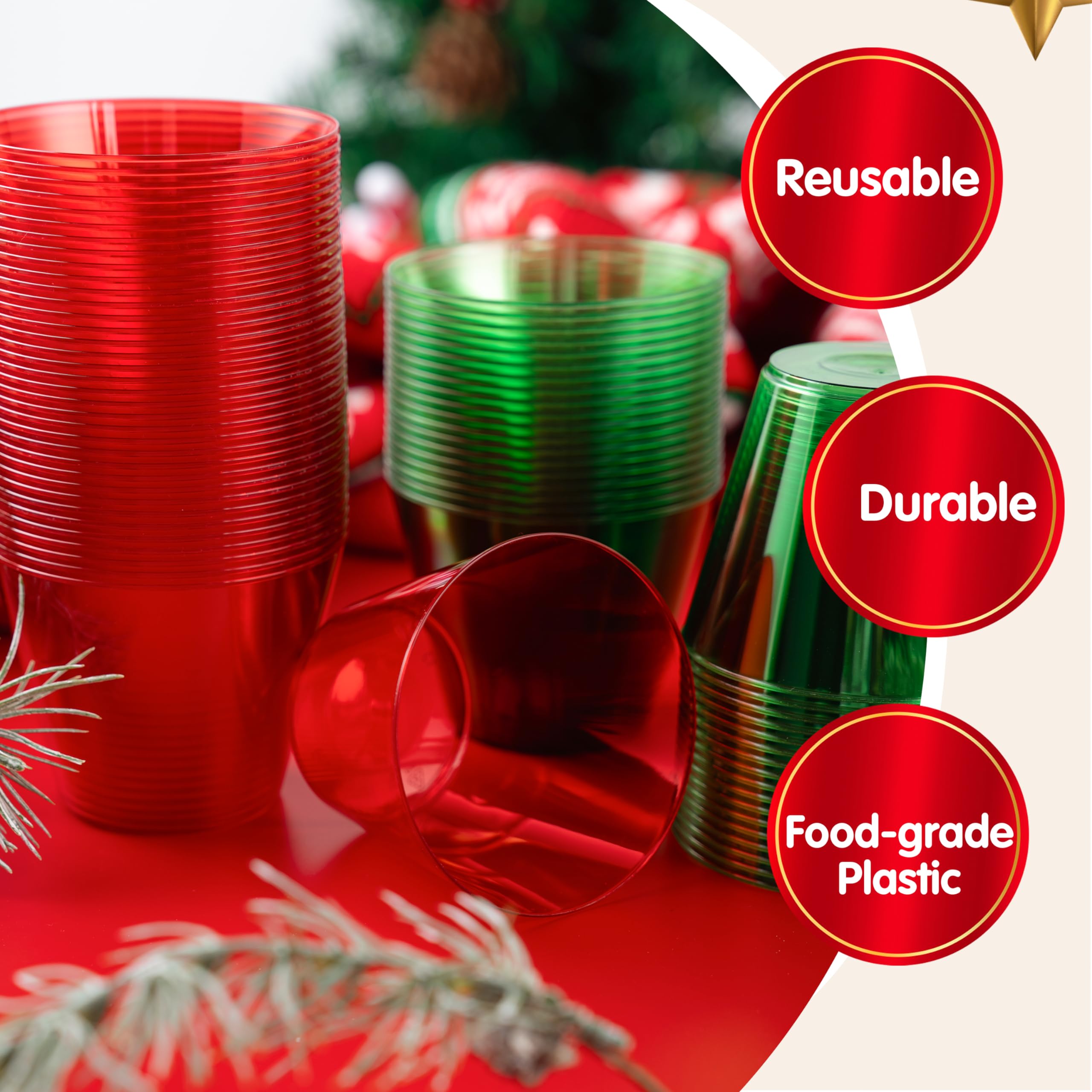 JOYIN 144-Pack Clear 9oz Disposable Plastic Cups - Christmas Red & Green Bulk Drinking Cups, Wine Glasses & Beverage Cups for Holiday Parties, Xmas Dinner, Office Celebrations & Family Gatherings