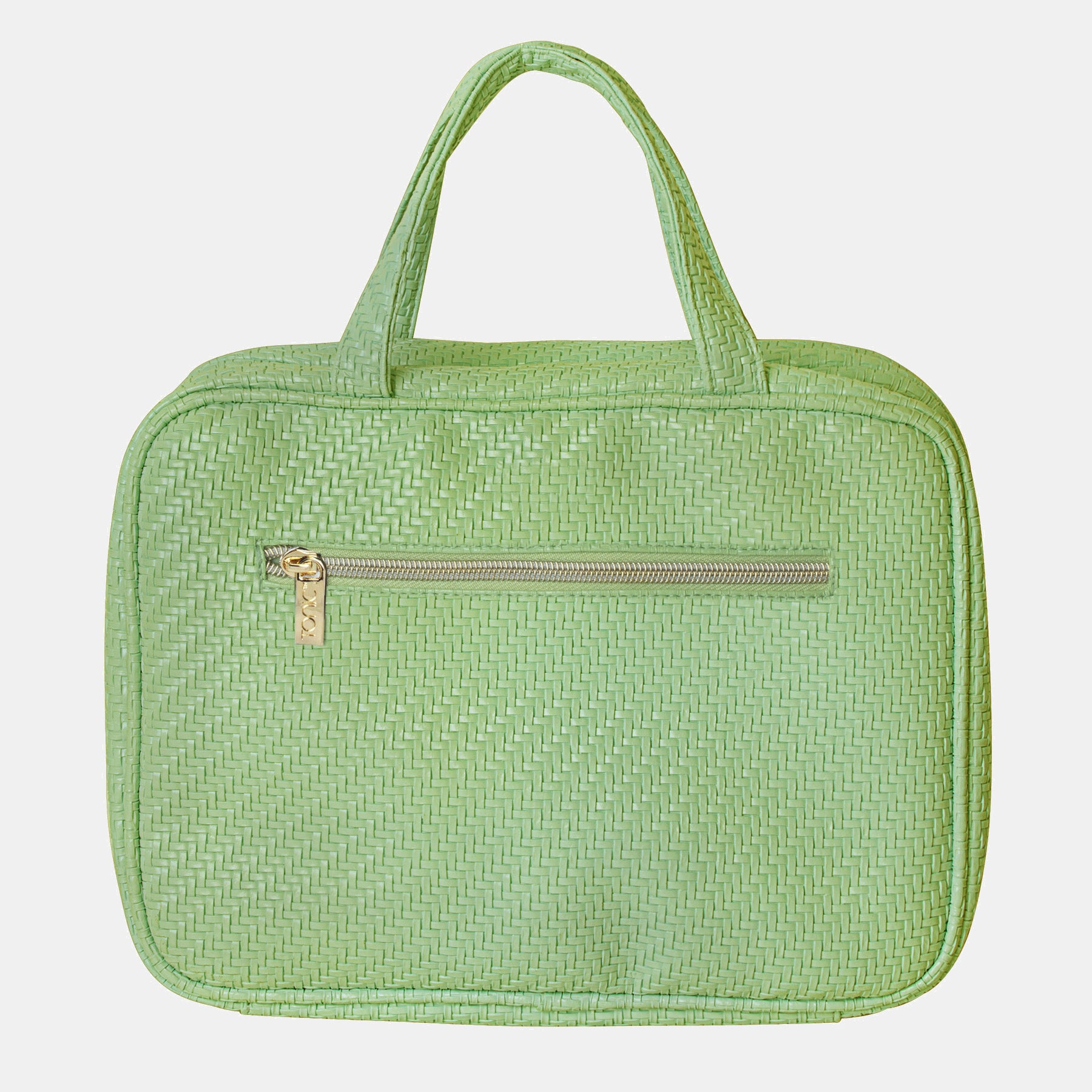 Hanging Cosmetic Bag - Herringbone Pistachio Green Travel Makeup Organizer for Women | Portable Hanging Toiletry Case for Bathroom, Gym & Vacation