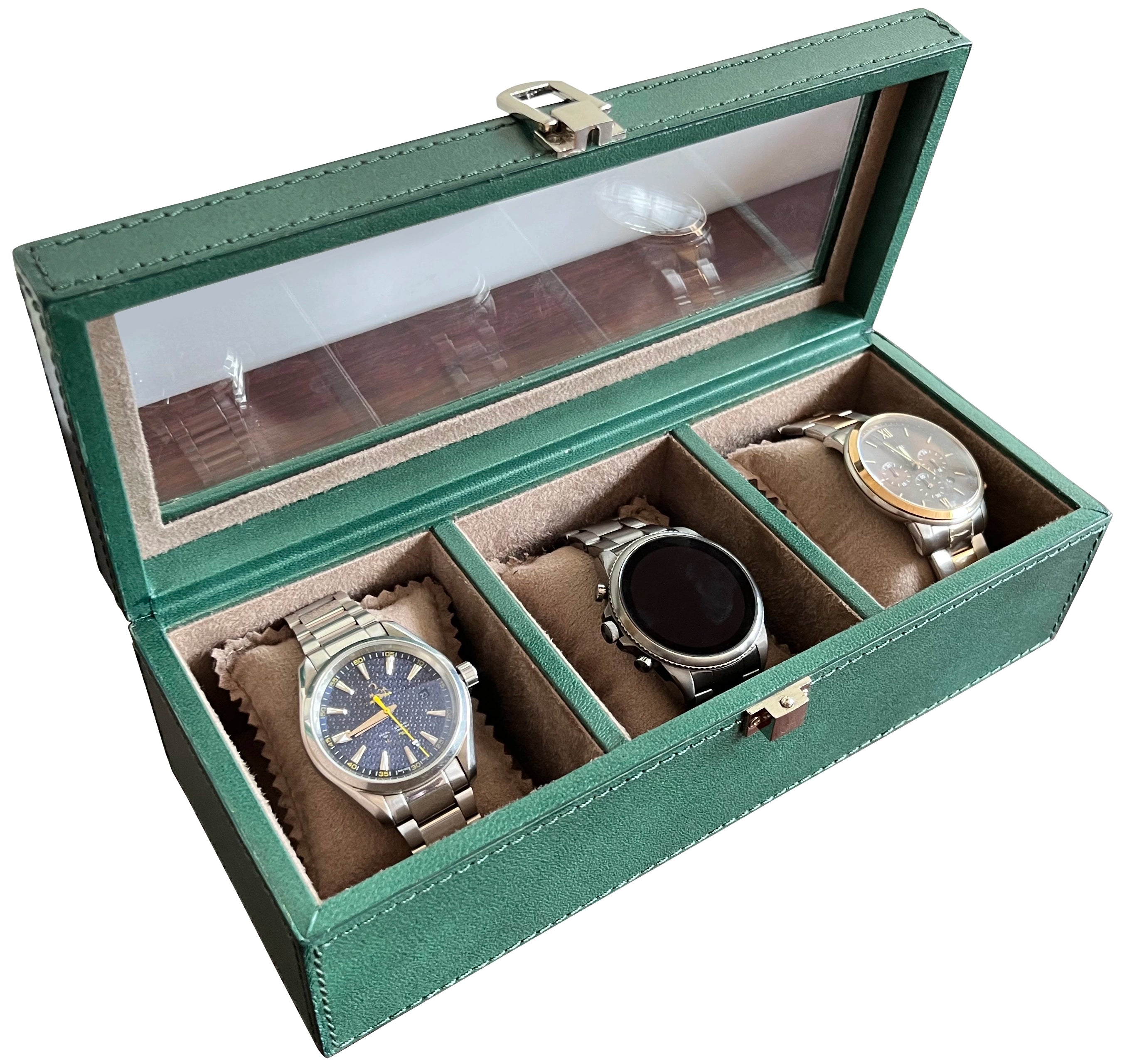 Premium Leather Watch Case with 3 Slots - Green | Luxury Watch Storage & Travel Organizer for Men & Women | Perfect for Home, Office & Travel Accessories