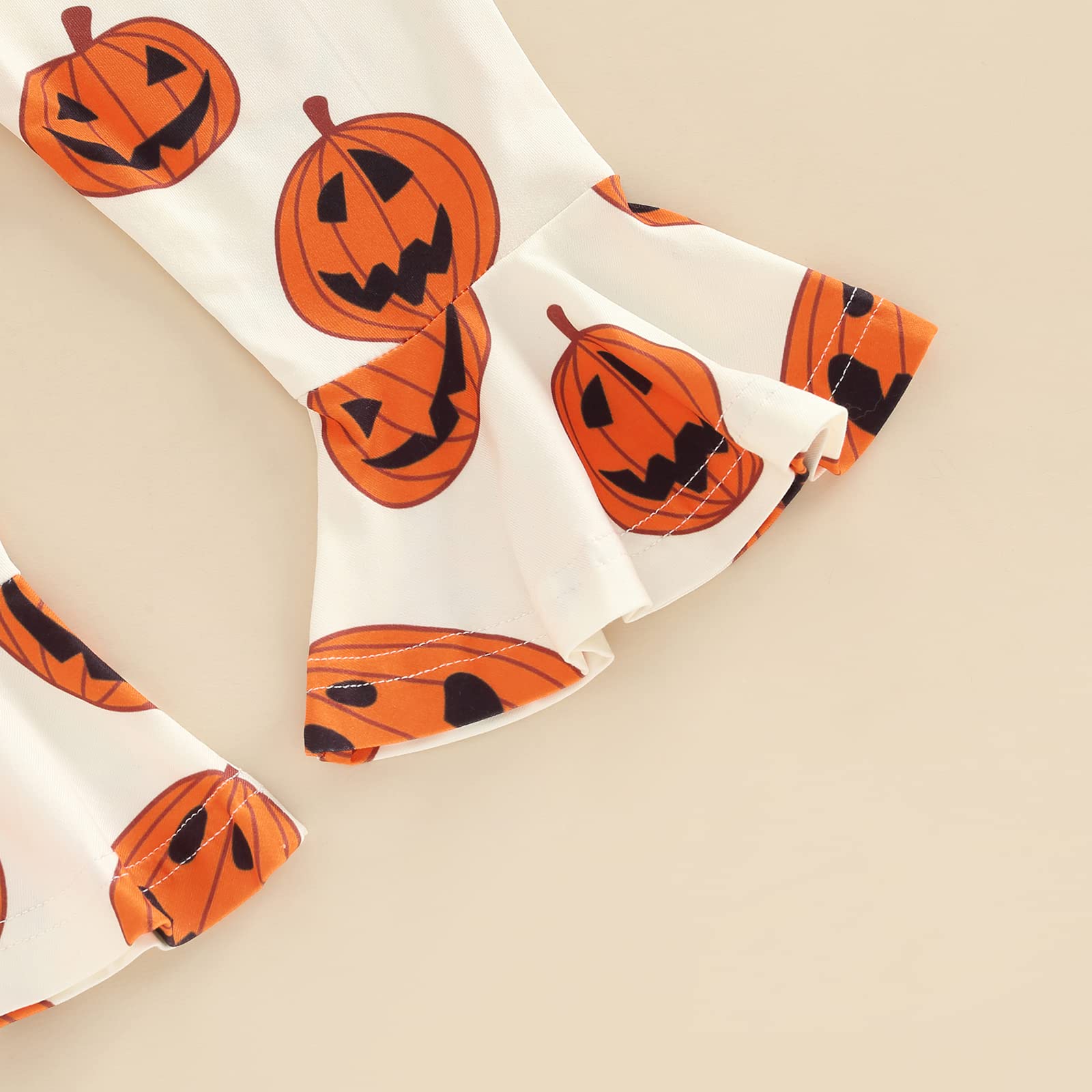 Adorable Halloween Baby Girl Outfit - Puff Sleeve Romper with Pumpkin Print & Bell Bottoms + Matching Headband | Newborn Halloween Costume Set for Photo Shoots & Trick-or-Treating
