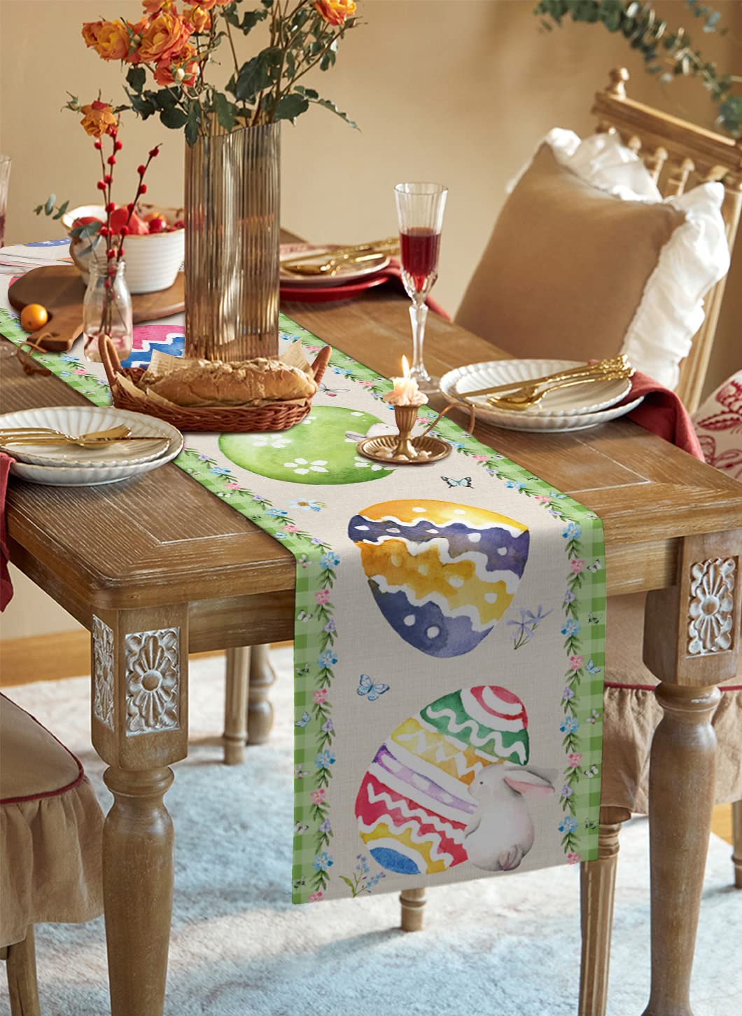 Easter Table Runner 13x70 Inch - Spring Bunny & Eggs Design Kitchen Dining Decor for Family Dinner, Banquet, Party | Cute Easter Rabbit Tablecloth for Holiday Celebrations & Home Decorations