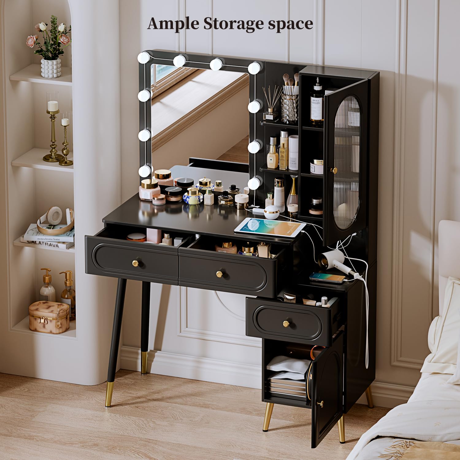 Modern Vanity Desk with Mirror & LED Lights - 3-Drawer Makeup Table with Power Outlet, High Capacity Storage - Perfect for Bedroom, Dressing Room & Home Office (Black)
