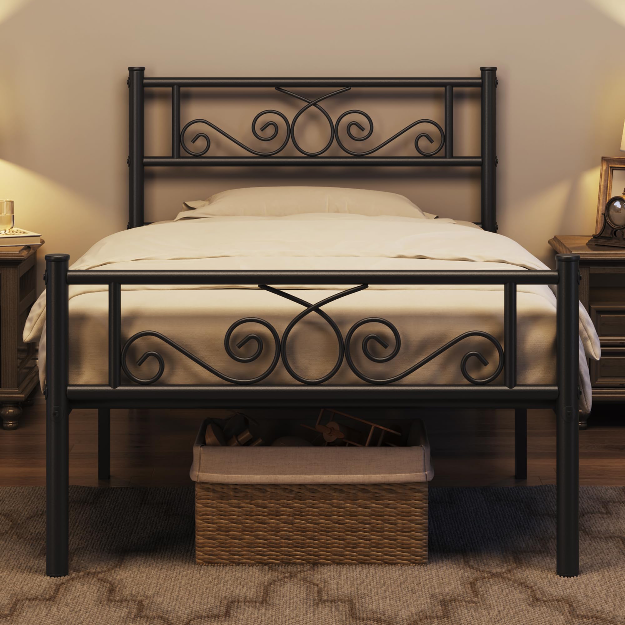 Topeakmart 13 Inch Twin Size Metal Bed Frame with Headboard - Sturdy Mattress Foundation, Platform Bed & Slatted Base for Bedroom, Guest Room, Dorm or Apartment