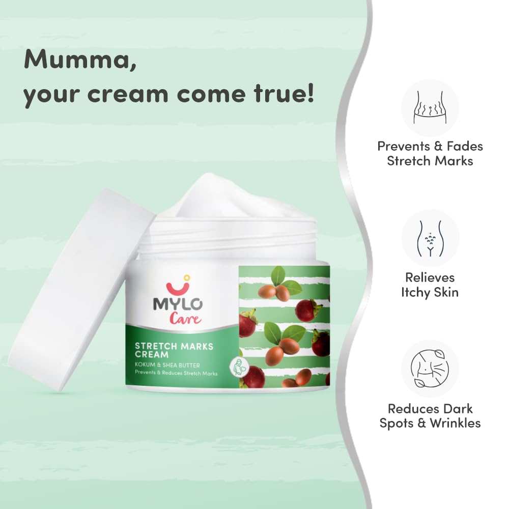 **Mylo Care Stretch Marks Cream for Pregnancy - Shea Butter, Saffron, Kokum Butter & Aloe Vera - Toxin-Free, No Mineral Oils - 100ml (Pack of 1) - Perfect for Pre & Postpartum Skin Hydration & Scar Reduction**