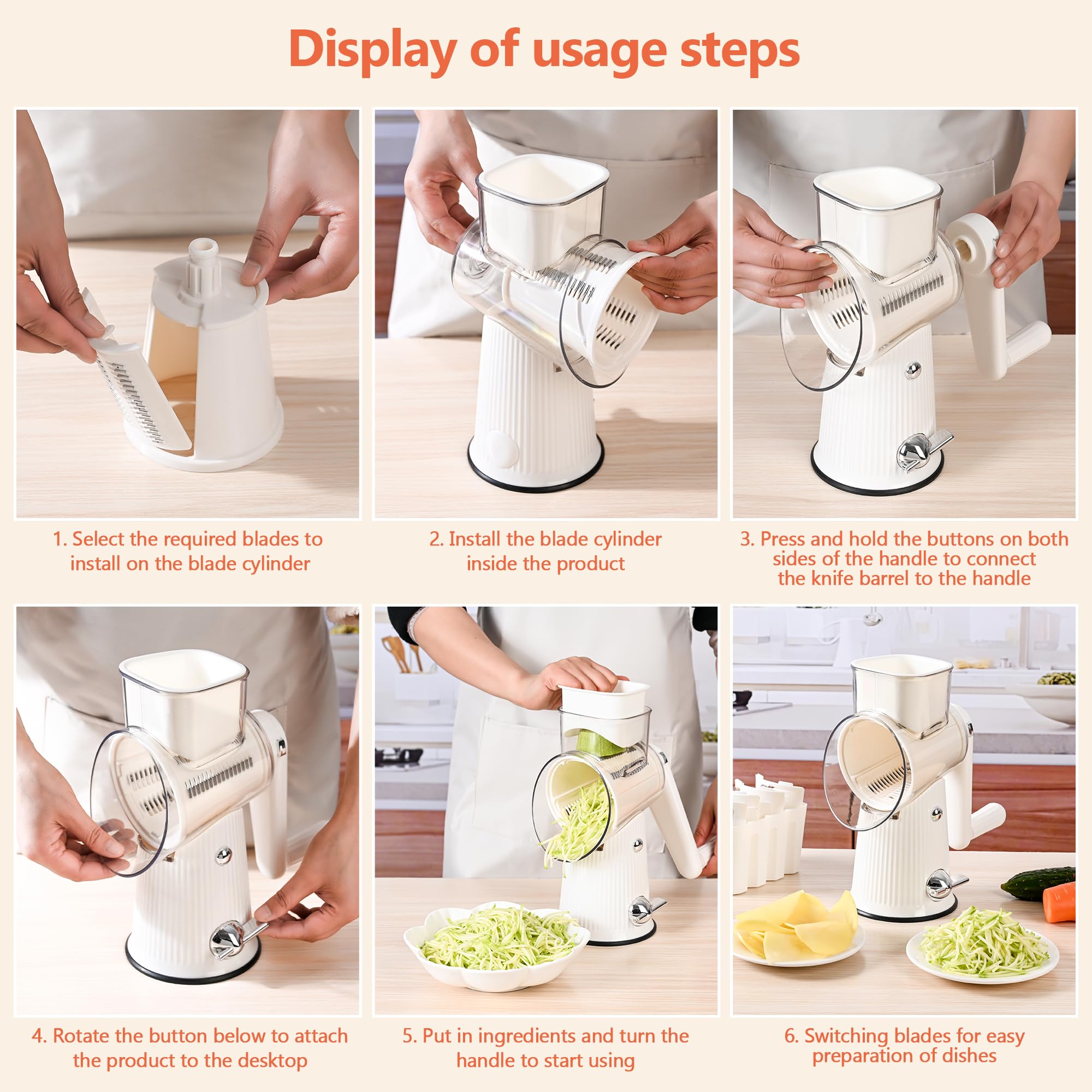 5-Blade Hand Crank Cheese Grater & Vegetable Slicer - White Kitchen Countertop Shredder with Handle, Nut Grinder & Cleaning Brush - Perfect for Pasta, Salads, Baking & Meal Prep