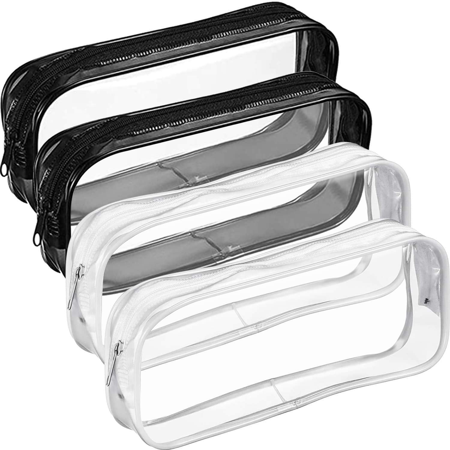 Clear PVC Zipper Pencil Case - Waterproof Travel Toiletry Bag for School & Office Supplies - Large Capacity Stationery Organizer (Black & White, 4-Pack) - Perfect for Students, Artists & Business Travelers