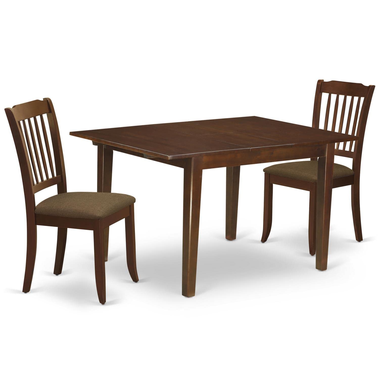 East West Furniture MLDA3-MAH-C 3-Piece Modern Dining Set - 36x54 Inch Mahogany Wood Table with Butterfly Leaf & 2 Linen Fabric Chairs - Perfect for Small Kitchen, Breakfast Nook, and Apartment Dining Areas