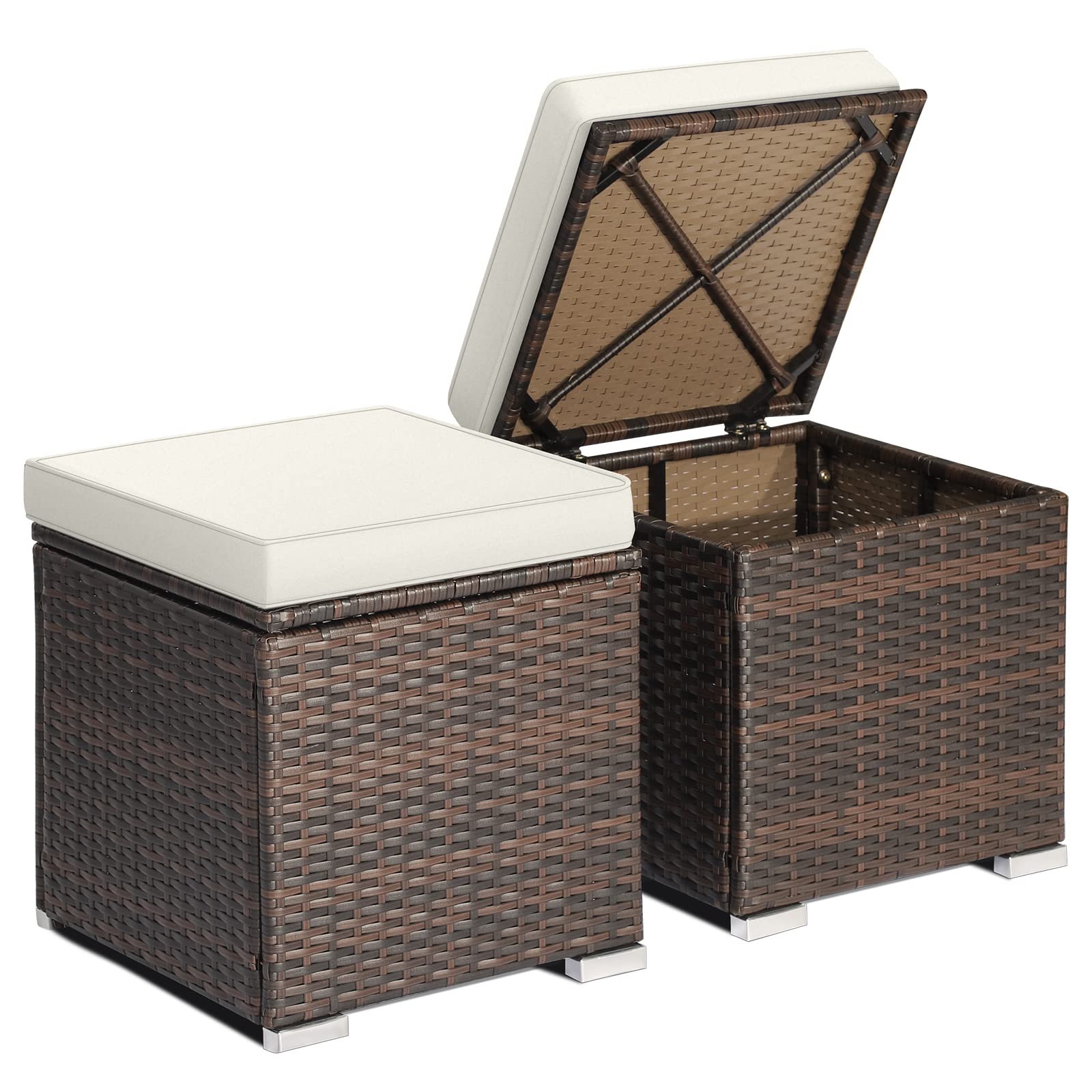 RELAX4LIFE 2-Piece Wicker Outdoor Storage Ottoman Set with Removable Cushion - Rattan Footstool, Multipurpose Footrest, Side Table & Extra Seating - Perfect for Patio, Deck, Garden & Poolside (Off White)