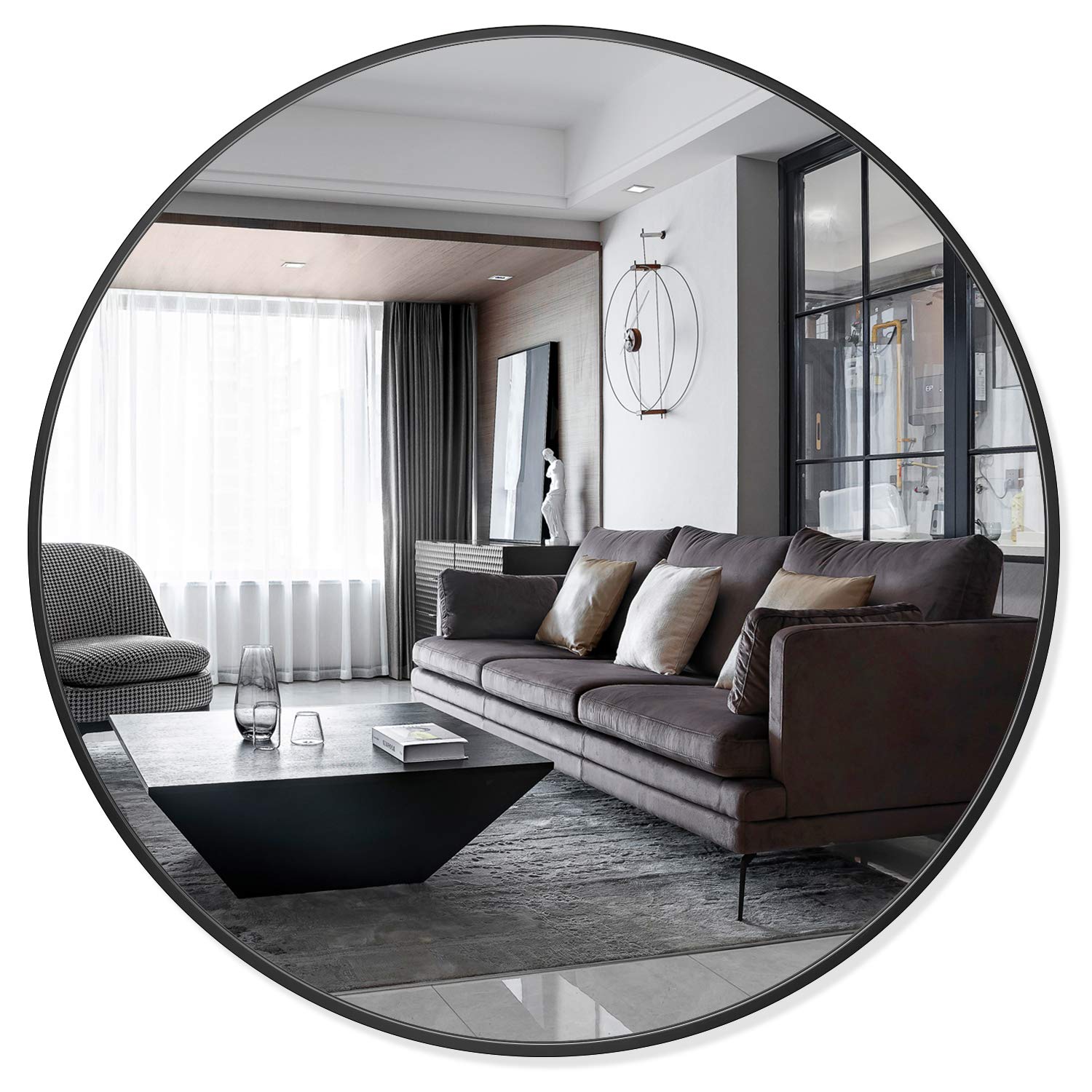 PexFix 36 Inch Round Wall Mirror - Decorative Aluminum Alloy Framed Beveled Accent Mirror for Bedroom, Bathroom, Entryway, Vanity & Dining Room - Perfect for Home Decor & Makeup Dressing (Black)