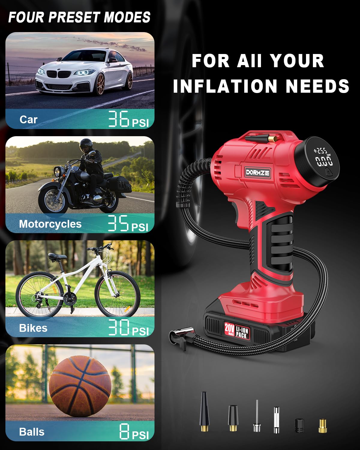 150 PSI Portable Tire Inflator - Rechargeable 20V Air Compressor with Digital Display for Car, Motorcycle & Bike Tires | Includes 12V Car Adapter | Perfect for Road Trips, Emergency Use & Garage Maintenance