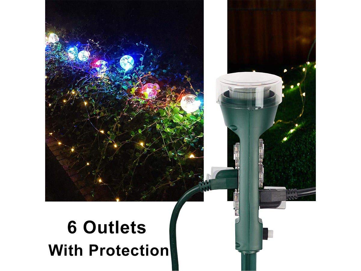Monoprice 6-Outlet Outdoor Yard Stake Power Strip with 24-Hour Programmable Timer - Green | Weatherproof Extension Cord for Patio, Garden & Holiday Lights