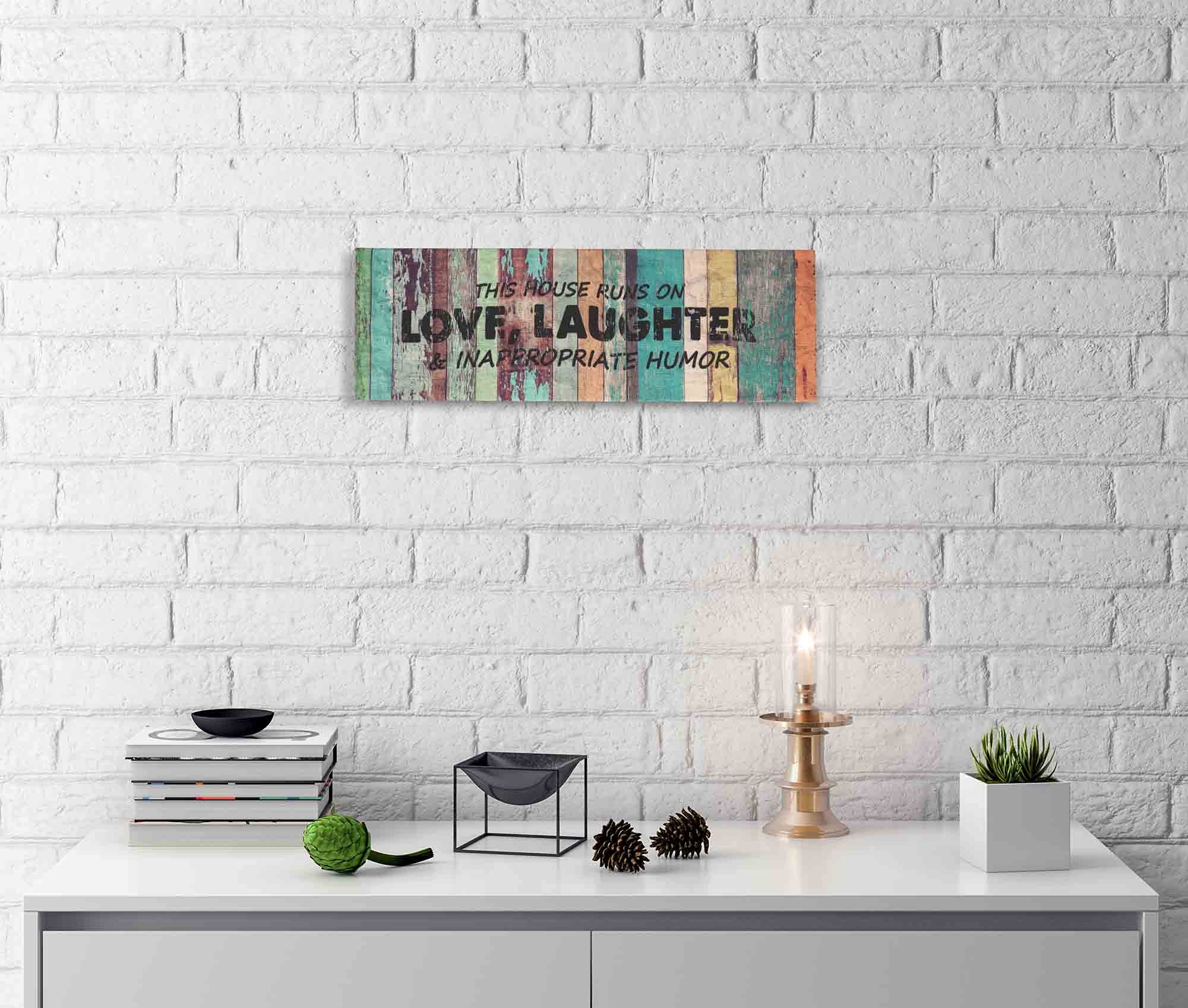 Stretched Canvas Wall Art Decor - 'This House Runs On Love, Laughter & Inappropriate Humor' - 8x24 Rustic Farmhouse Faux Plaque Sign - Perfect for Living Room, Bedroom & Home Office Decor