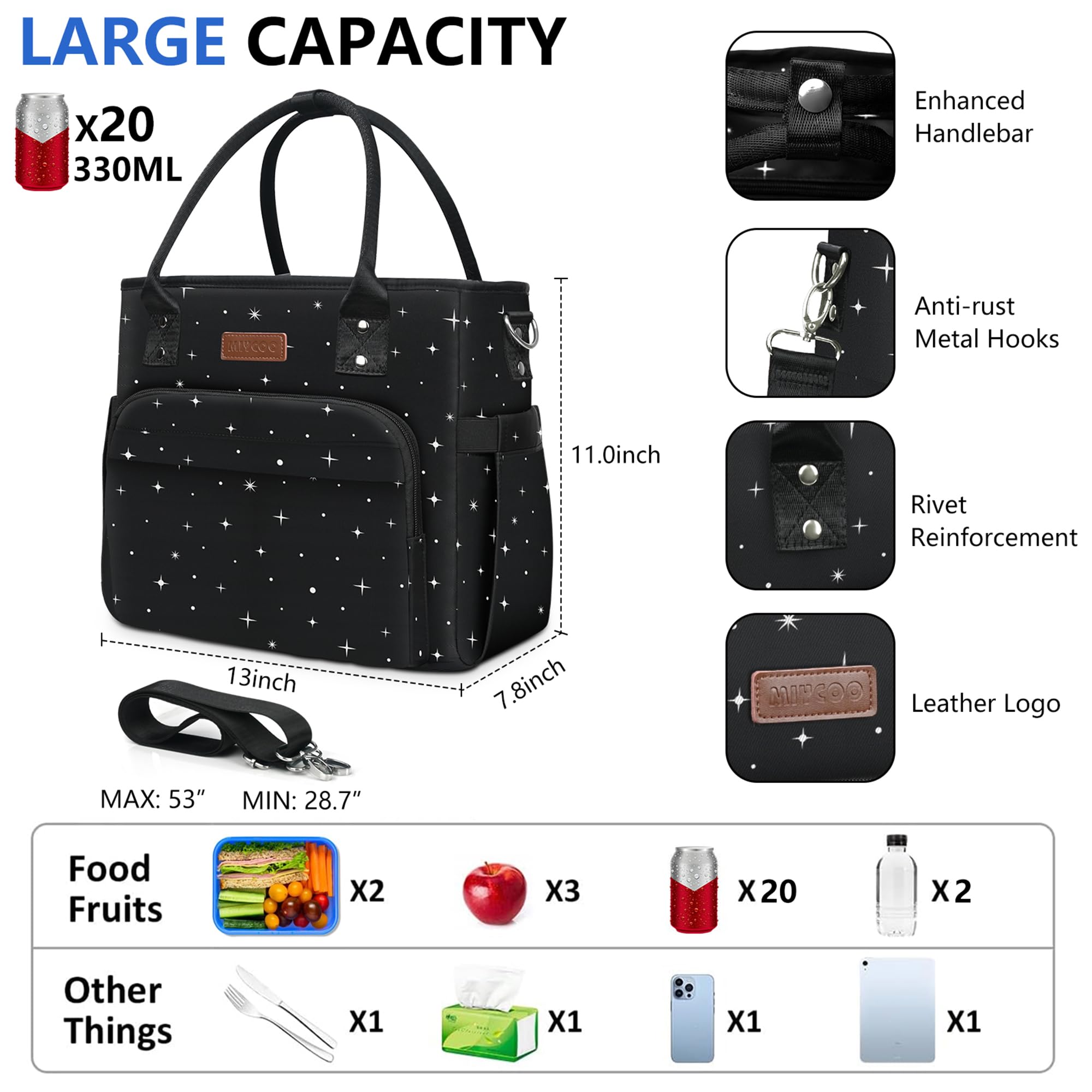 MIYCOO Insulated Lunch Bag for Women - Leakproof & Thermal Lunch Box Cooler Tote - Large Capacity Lunch Bag for Work, School, Picnic - Black Starry Sky Design
