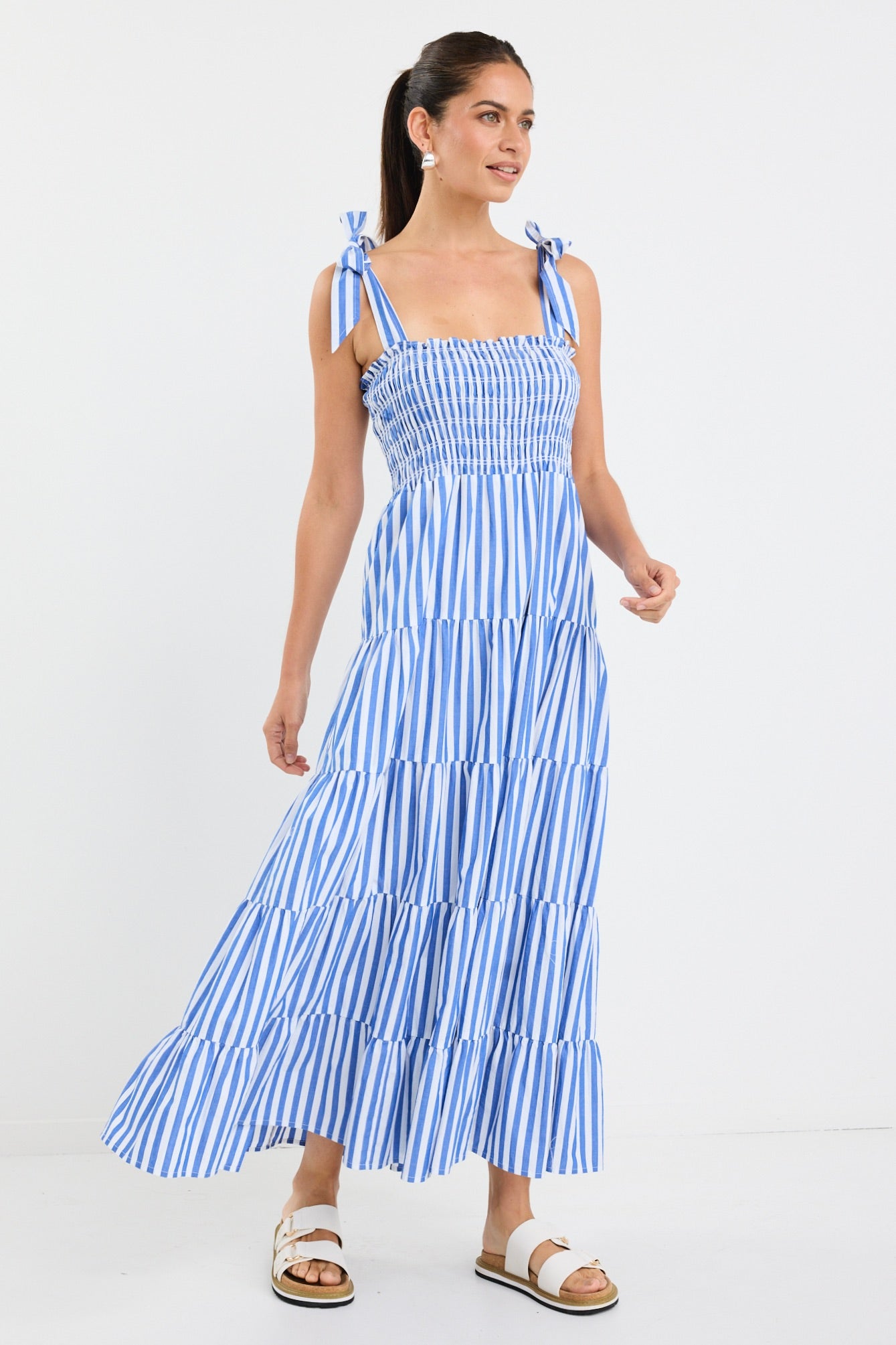 Isabella Blue and White Striped Strappy Tiered Maxi Dress - Perfect for Beach Vacations, Summer Parties & Boho Chic Outfits
