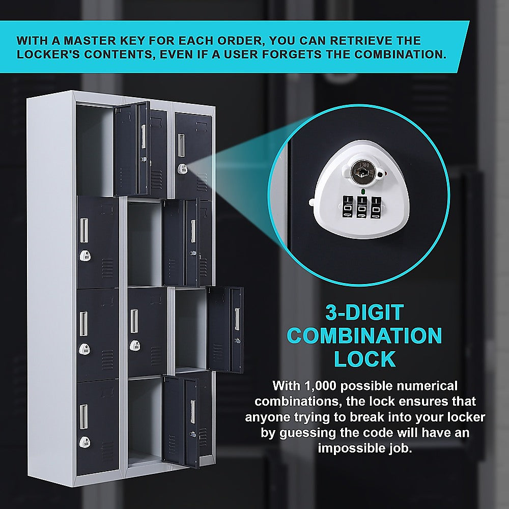 12-Door Locker with 3-Digit Combination Lock for Secure Storage - Perfect for Office, Gym, Shed, School & Home Organization