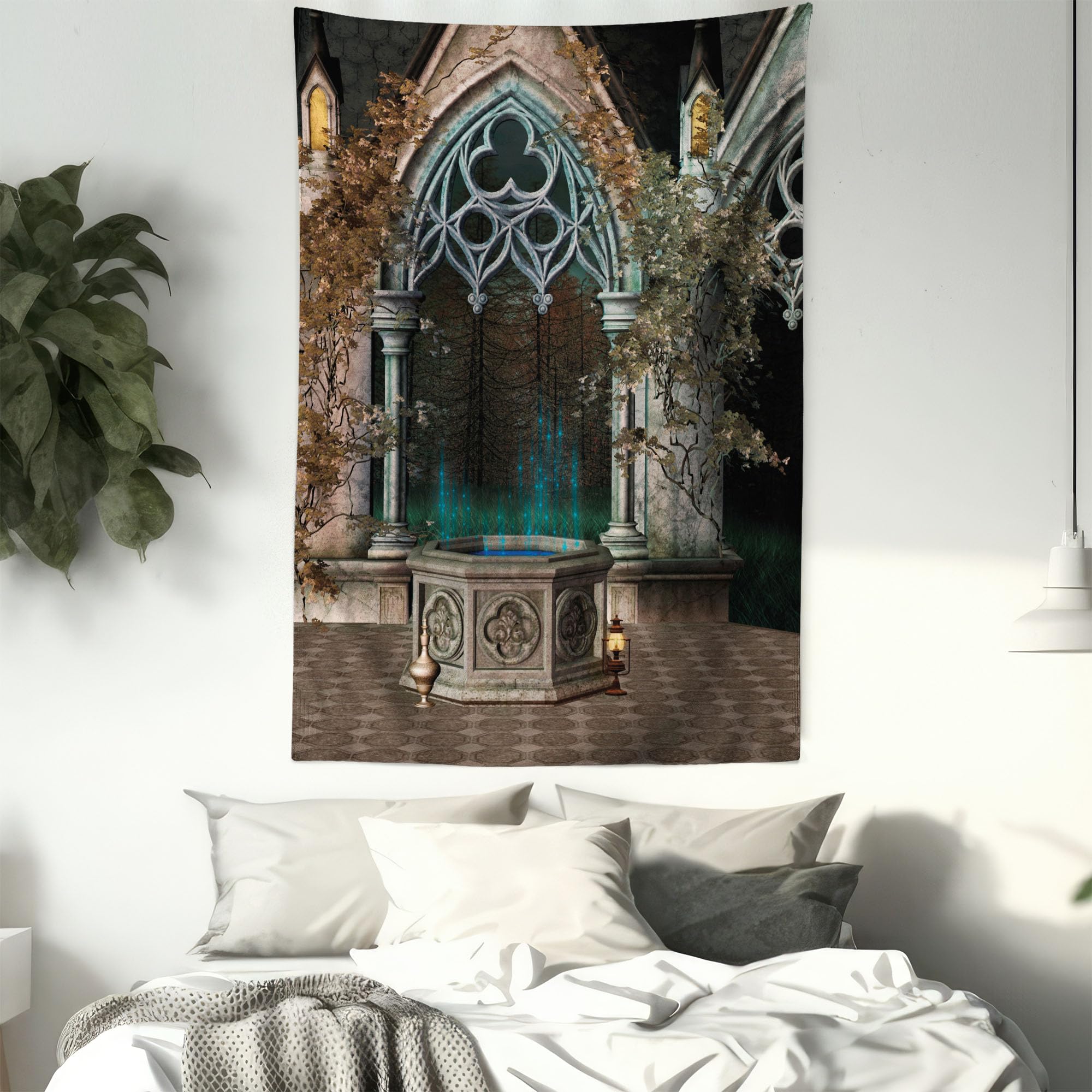Ambesonne Gothic Tapestry - Enchanted Wishing Well Ivy Antique Forest Gateway Wall Art - 40x60 Inch Taupe Green Wall Hanging for Bedroom, Living Room, Dorm Decor - Perfect for Gothic Home Decor, Halloween Party & Fantasy Themed Rooms