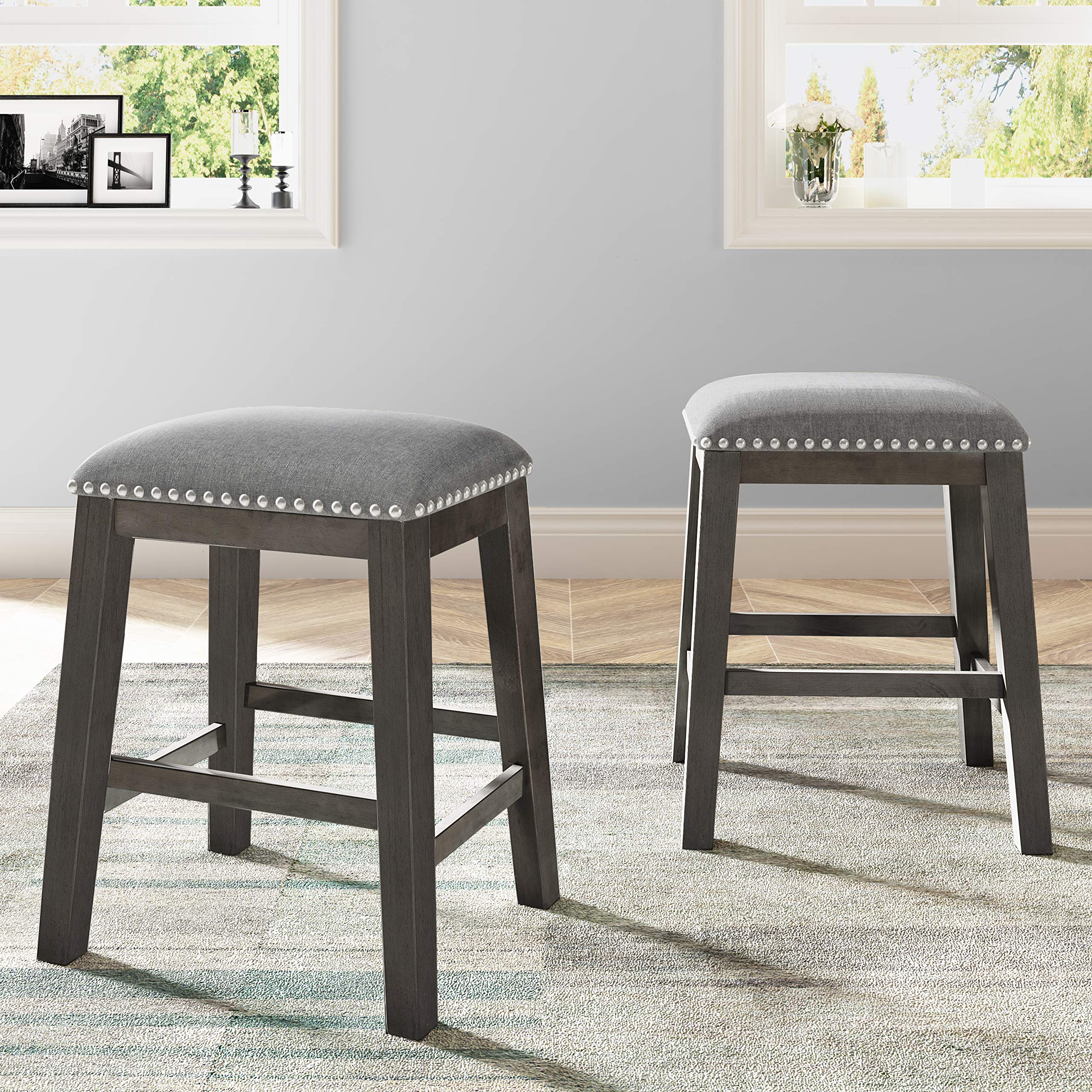 Rustic Farmhouse Wooden Stools with Trim, Set of 2 – Gray Dining Room Stools for Kitchen, Bedroom, Living Room, and Outdoor Patio