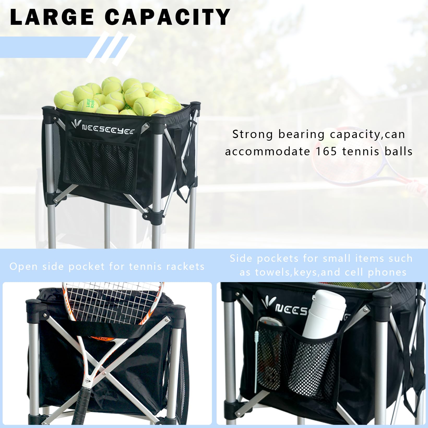 Portable Tennis Ball Hopper with Wheels - Holds 160 Balls for Tennis, Racquetball, Pickleball, Baseball & Badminton - Perfect for Practice, Training & Court Cleanup