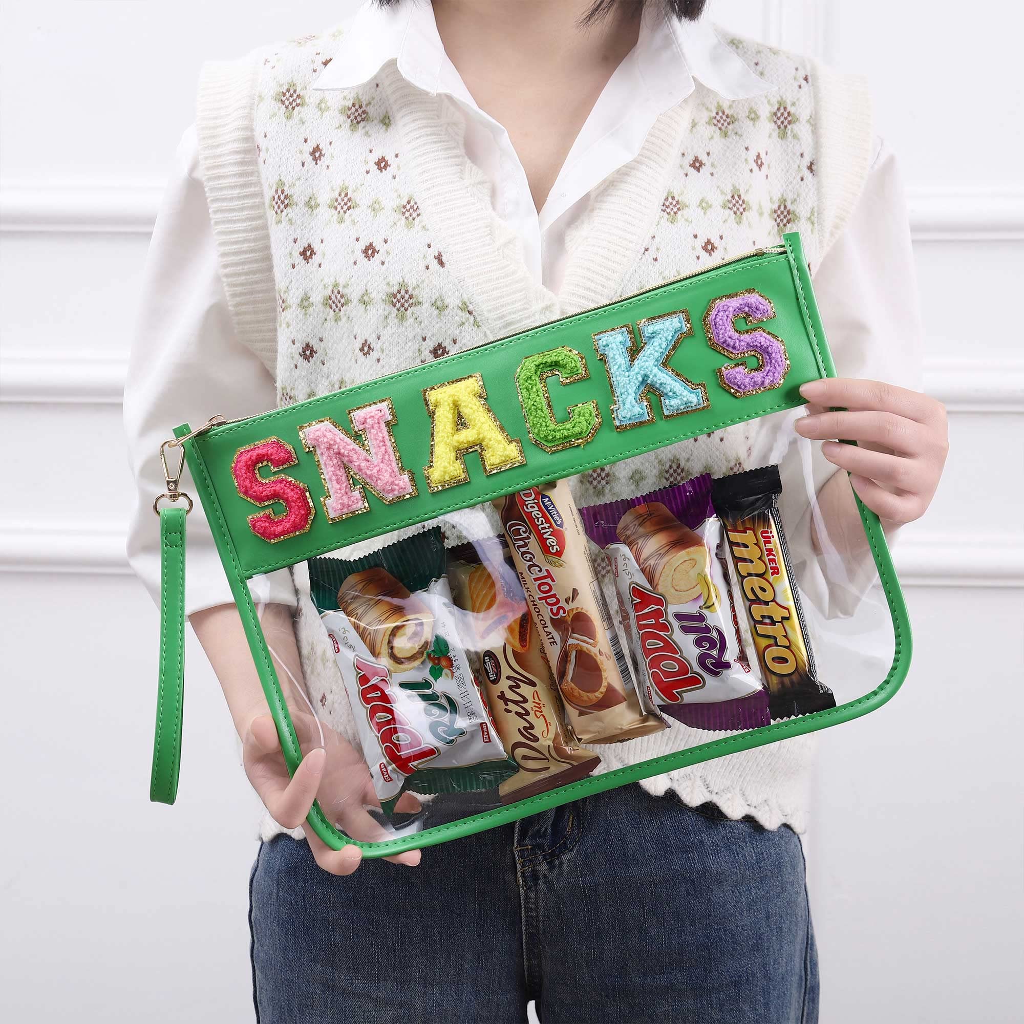HASIOY Clear Pouch with Patches - Snacks Bag, Chenille Letter Cosmetic Tote Bag with Gold Shoulder Straps - Perfect for School, Travel, and Everyday Use