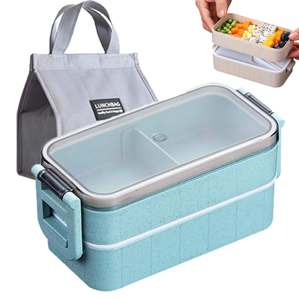 Eco-Friendly Microwave Lunch Box with Tableware - Wheat Straw Bento Container for Kids, School & Office - Portable Double-Layer Food Storage | Ideal for Meal Prep, Travel & On-the-Go Dining
