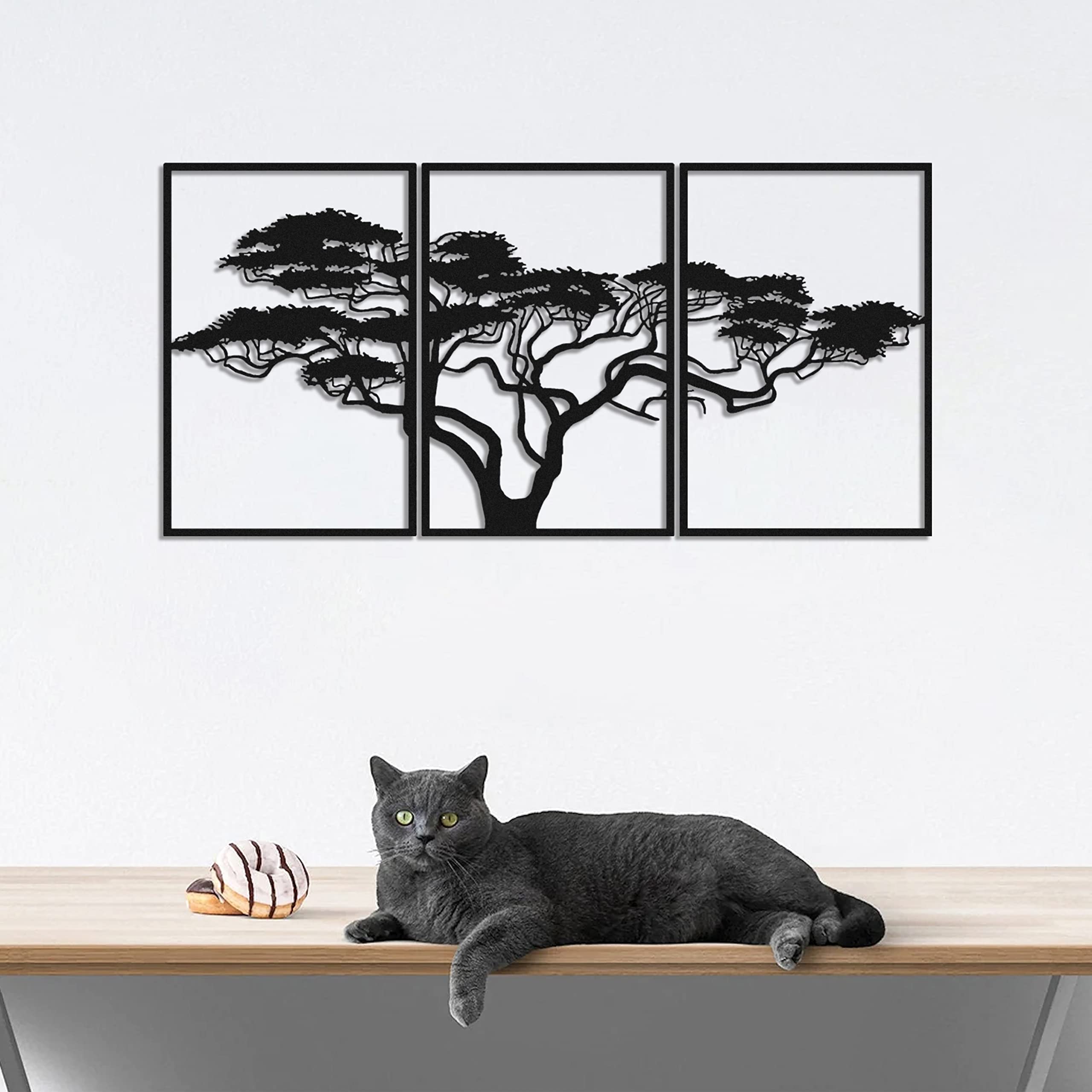 Large Metal Wall Art Tree of Life Decor - 3 Panel African Inspired Wall Hanging for Living Room & Bedroom - Black Modern Home Decor Gift (47x24 Inches) - Perfect for Boho, Farmhouse & Contemporary Interior Design