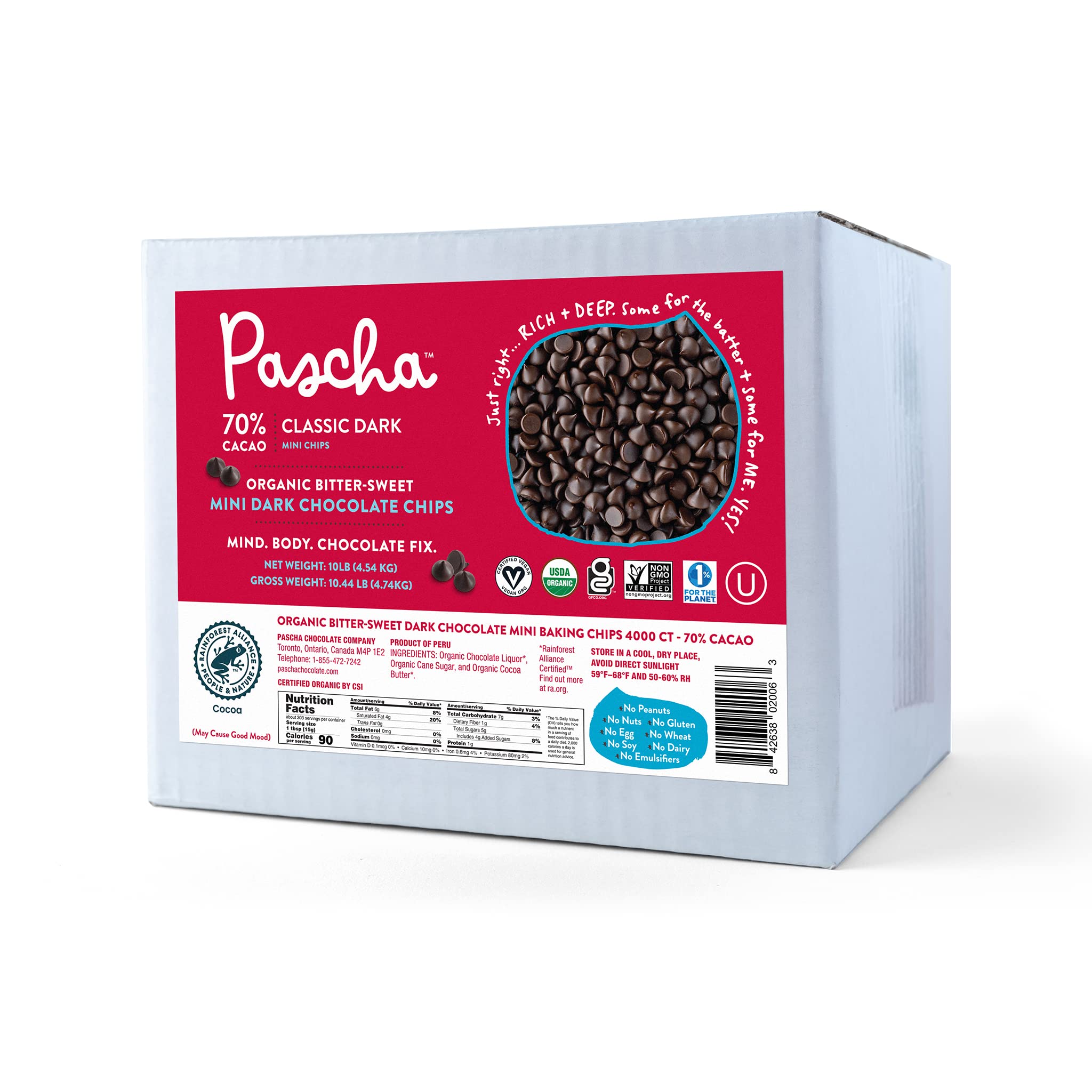 Organic Bitter Sweet Chocolate Chips 70% Cacao - Pascha Bulk 10lb Bag for Baking, Desserts & Healthy Snacks