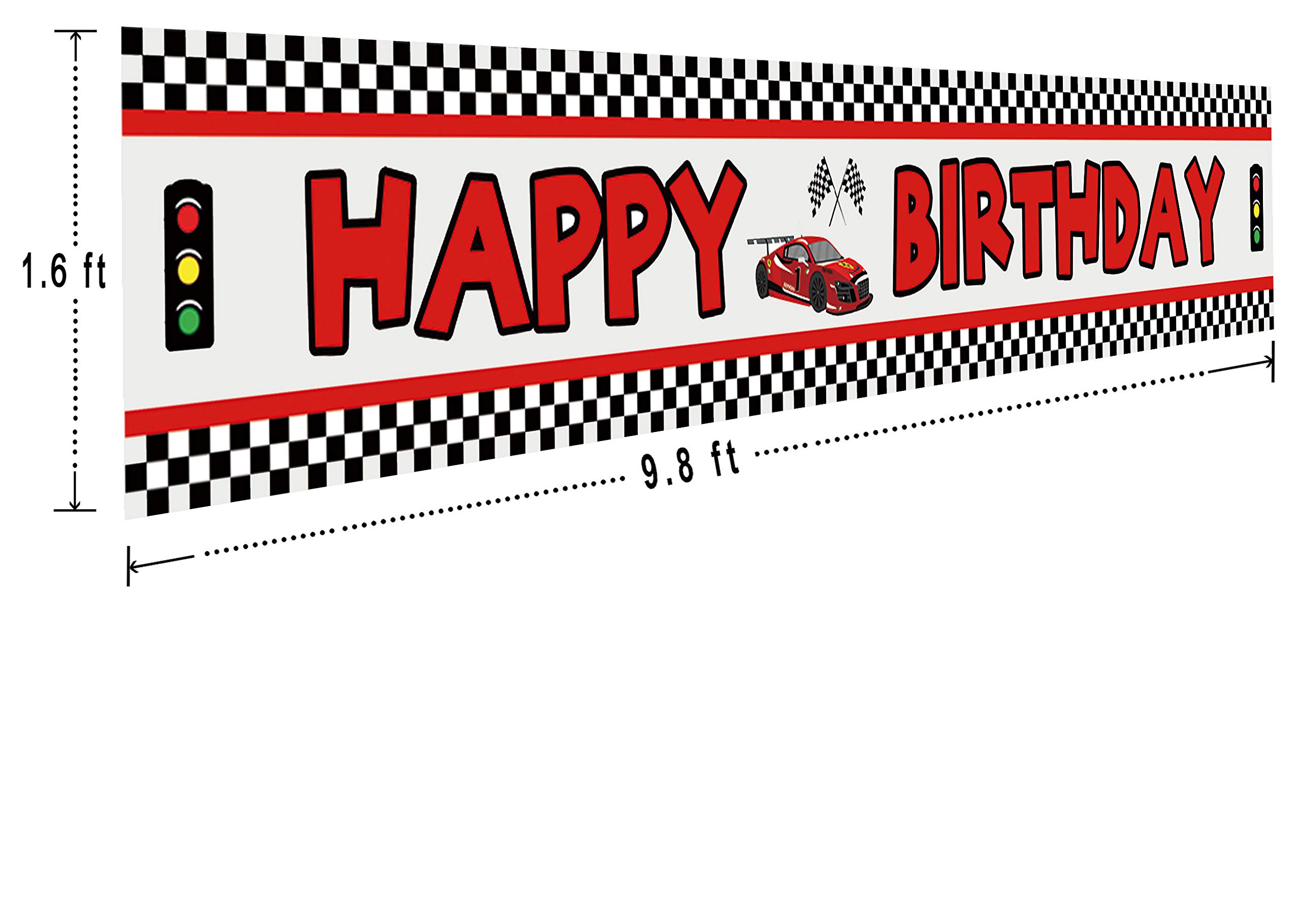 Red Racing Themed Happy Birthday Banner - 9.8x1.6ft Checkered Flag Party Decorations for Race Car Theme, Backdrop & Table Cover - Perfect for Kids Birthday Parties, NASCAR Celebrations & Motorsport Events