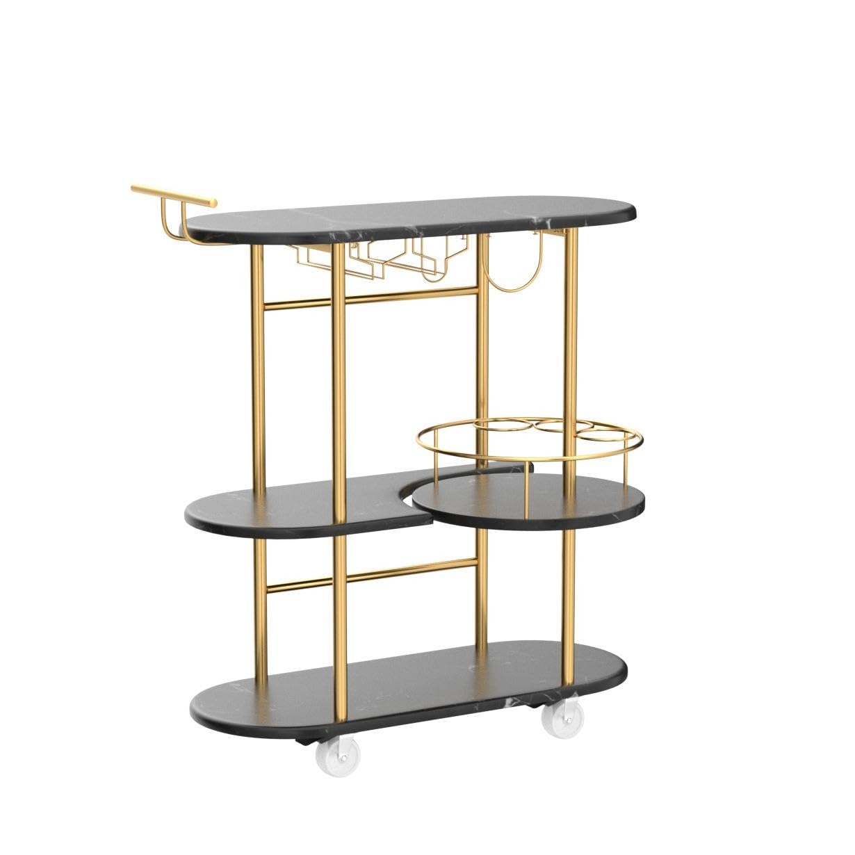 Black Bar Cart with 4-Tier Storage Shelves - Mobile Serving Cart with Wine Rack & Glass Holder - Perfect for Home, Kitchen, Living Room & Dining Room - Ideal for Cocktail Parties, Wine Tasting & Home Entertaining