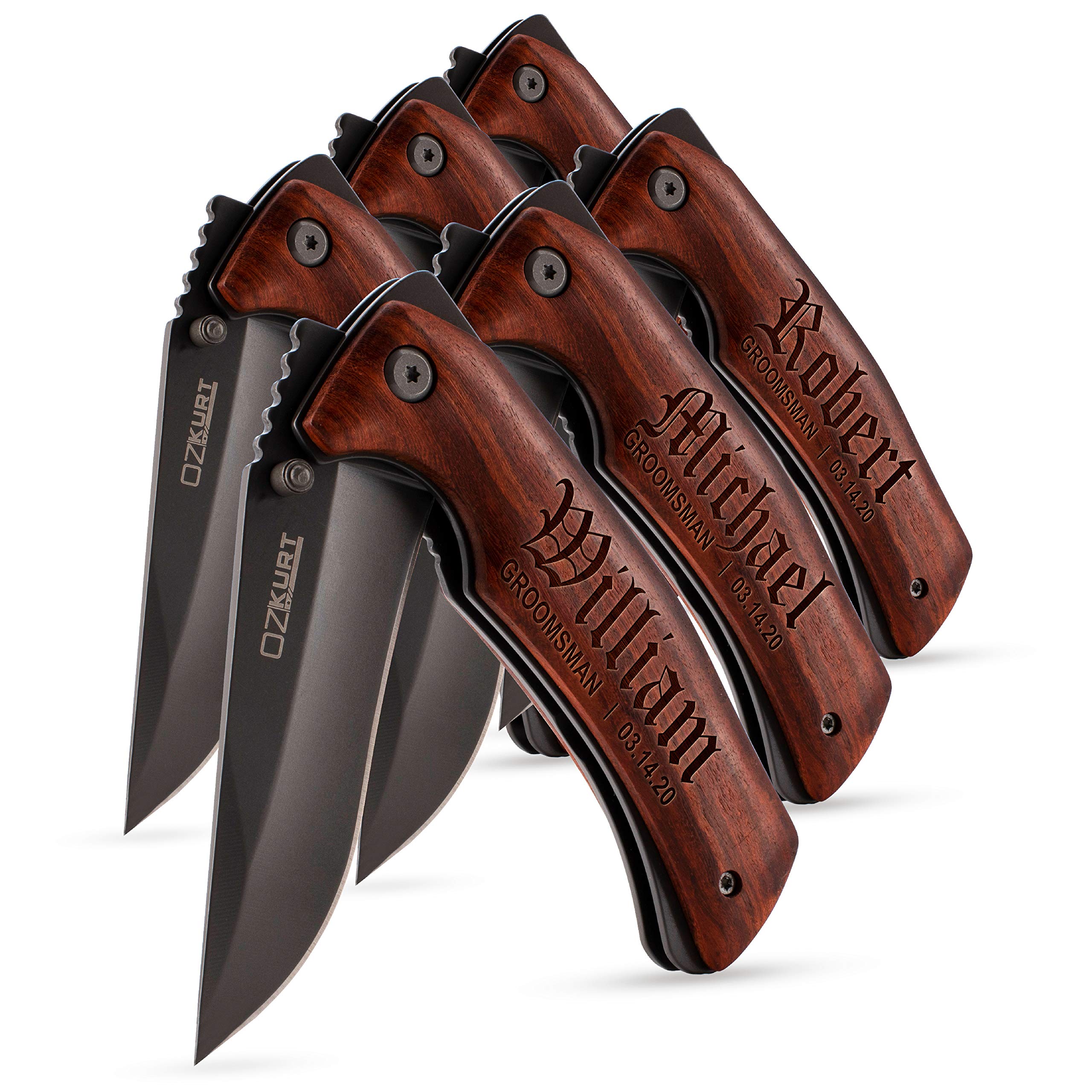 Custom Engraved Pocket Knife Set of 6 - Personalized Groomsmen Gifts with 20 Font Options | Wedding Proposal Gift for Best Man, Bridal Party & Groomsmen - Perfect for Bachelor Parties, Anniversary & Special Occasions