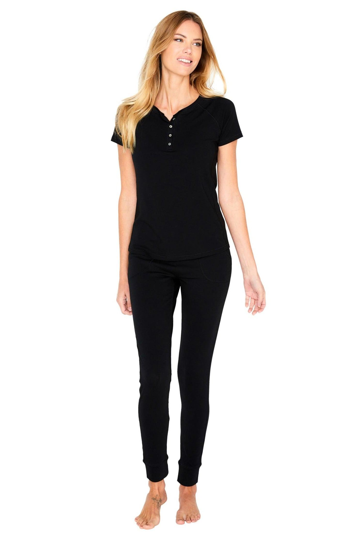 Olivia Women's Short Sleeve Henley Loungewear Set - Soft Cotton Pajama Set for Sleep, Yoga & Relaxation at Home