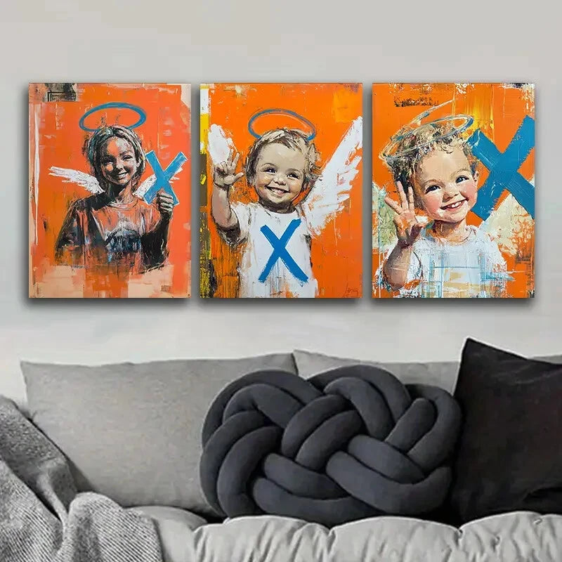 3-Piece Abstract Angel Trio with Blue Hats - Metal Wall Art Prints Ready to Hang - Perfect for Home Decor, Bedroom, Living Room & Office