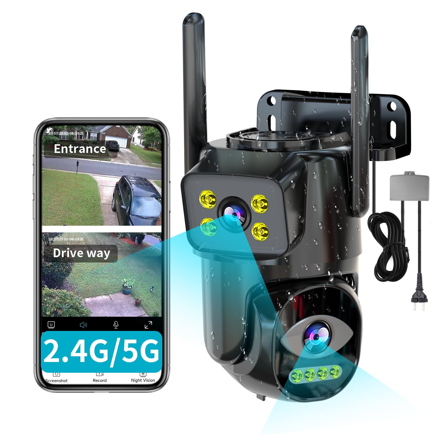 Dual Lens WiFi Security Camera Outdoor - 2.4G/5G PTZ Plug-in Auto Tracking Home Surveillance System with Night Vision & 24/7 Recording | Ideal for Home Security, Baby Monitoring & Property Protection