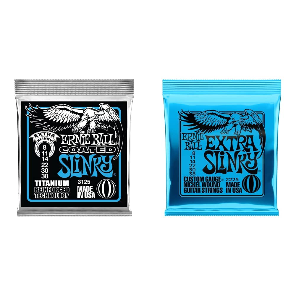 Ernie Ball Extra Slinky Coated Titanium & Nickel Wound Electric Guitar Strings 8-38 Gauge (P03125) - Perfect for Rock, Blues & Metal Performances