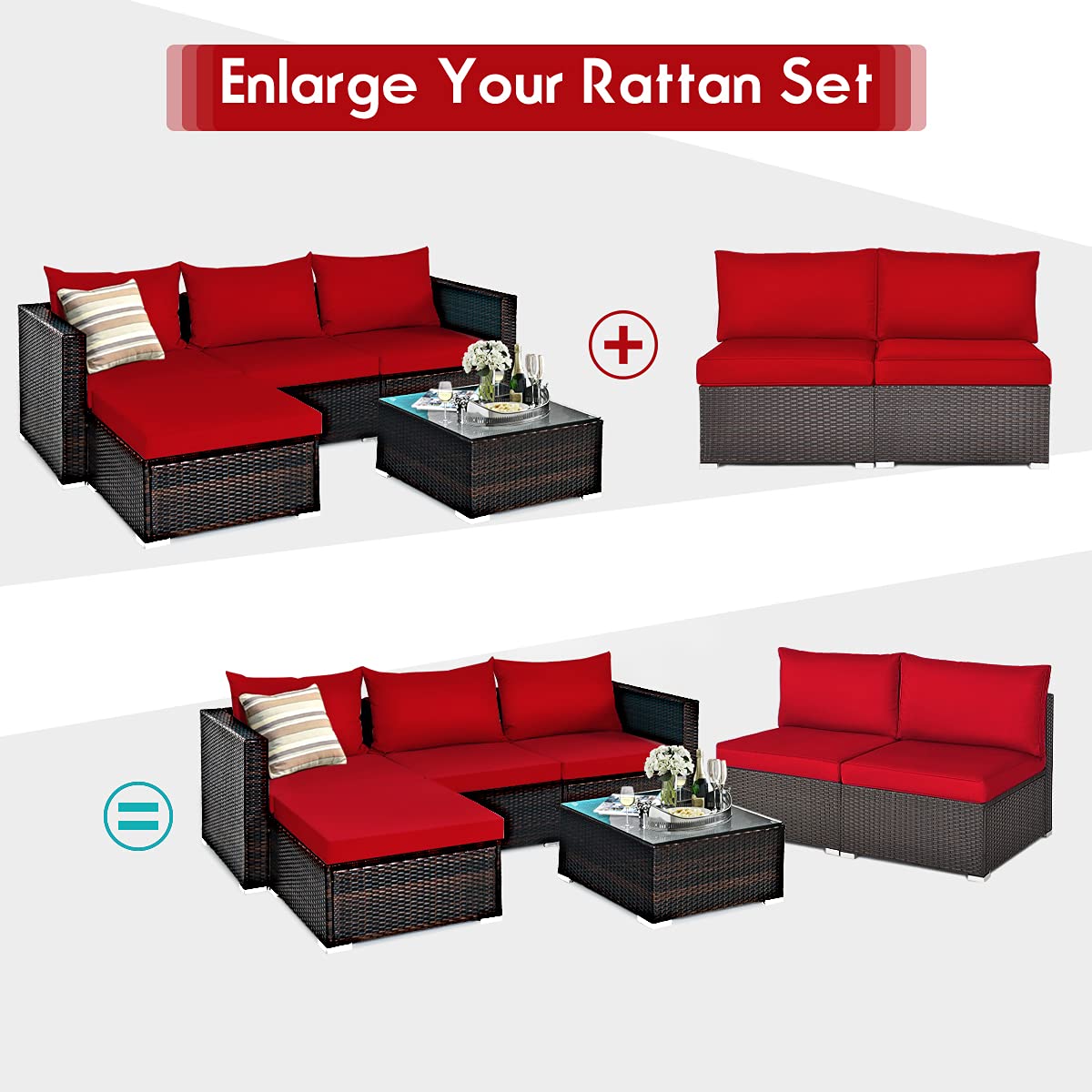 Tangkula 2-Piece Outdoor Wicker Armless Sofa Set with Thick Cushions - Patio Rattan Sectional Sofa for Garden, Balcony, Poolside - Includes 2 Seat & 2 Back Cushions (Red) | Perfect for Relaxing, Sunbathing & Outdoor Entertaining