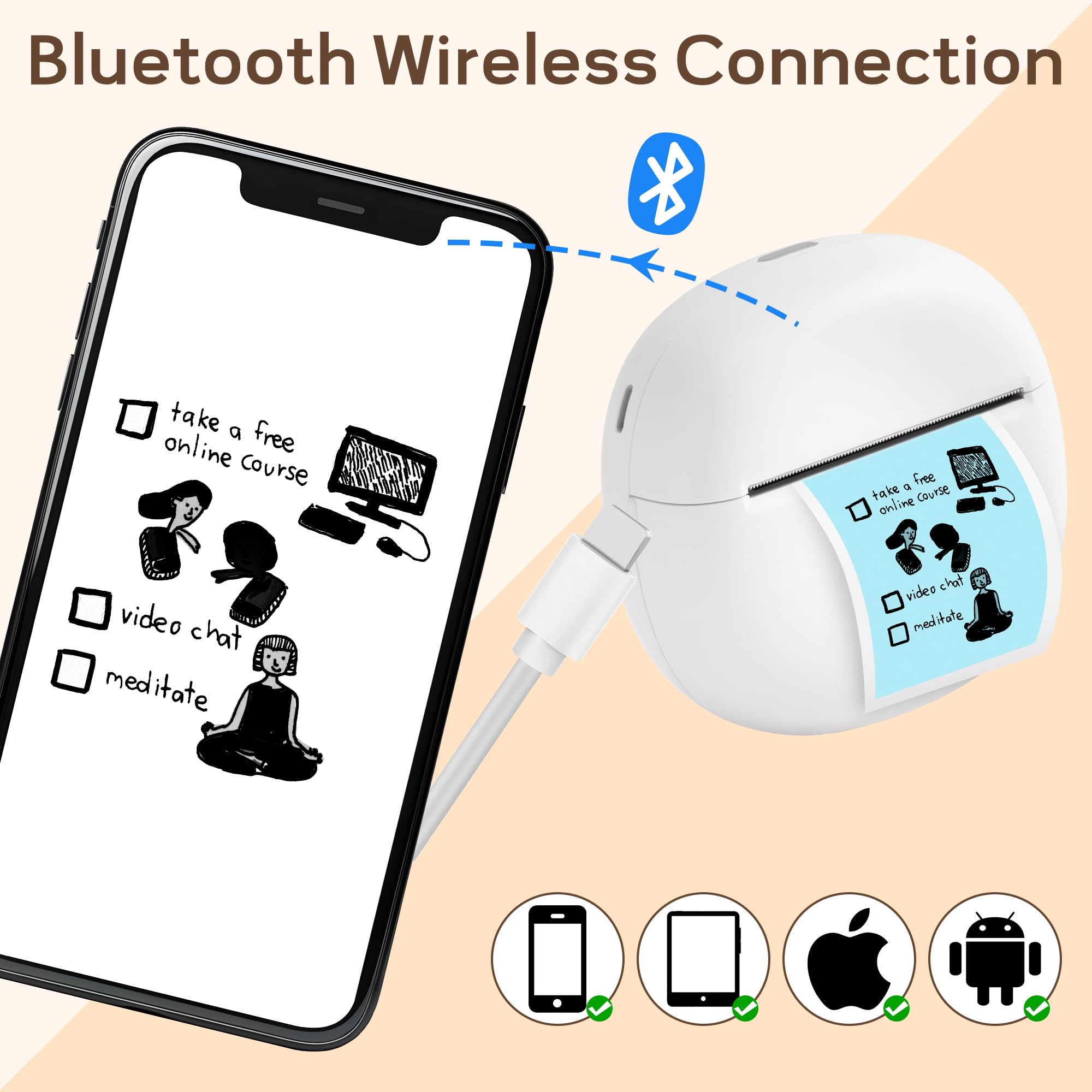 Mini Thermal Sticker Printer - Portable Bluetooth Photo & Label Maker for iOS/Android - Wireless Pocket Printer with 5 Sticker Rolls, Inkless Memo Maker for Home, Office & Travel (White)