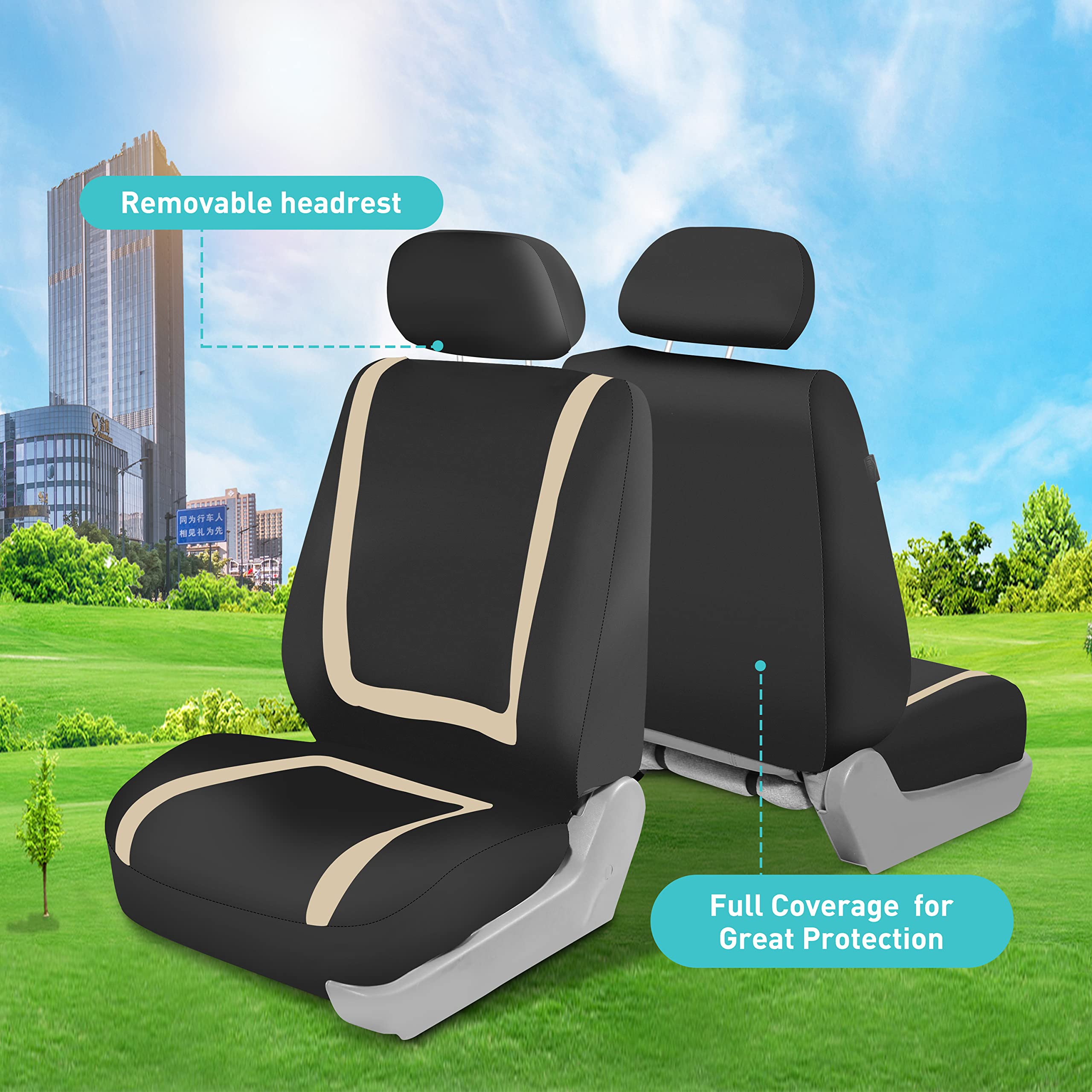 Premium FH Group Car Seat Covers - Universal Fit Flat Cloth Full Set (Front & Rear Bench) in Beige & Black | Durable Automotive Interior Accessories for Cars, Trucks & SUVs | Perfect for Daily Commute, Road Trips & Family Protection