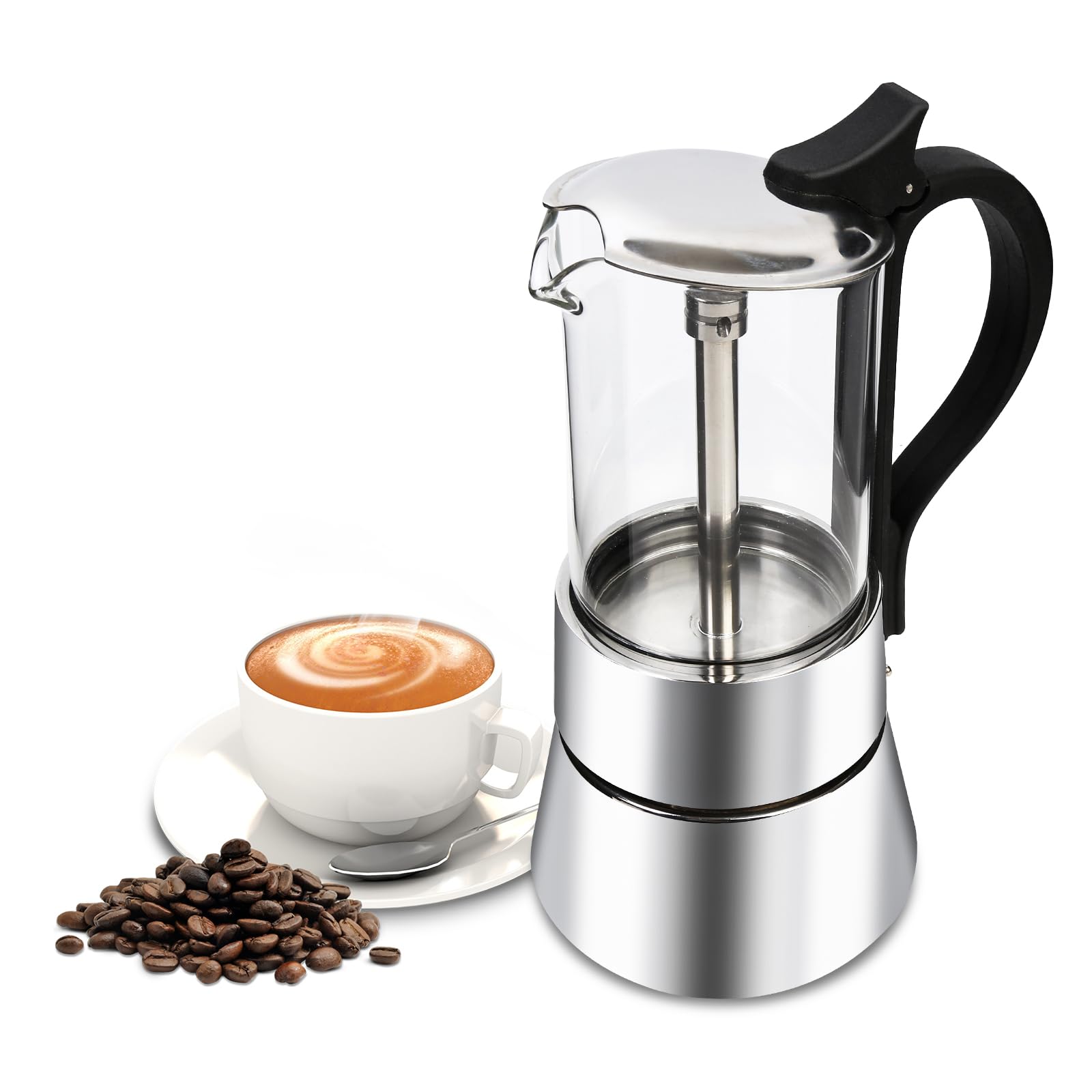 Premium 304 Stainless Steel Moka Pot - 6.6oz Stovetop Espresso Maker for Rich Italian Coffee | Durable Espresso Machine for Home, Office & Camping | Perfect for Coffee Lovers & Outdoor Adventures (200ml Capacity, Black)