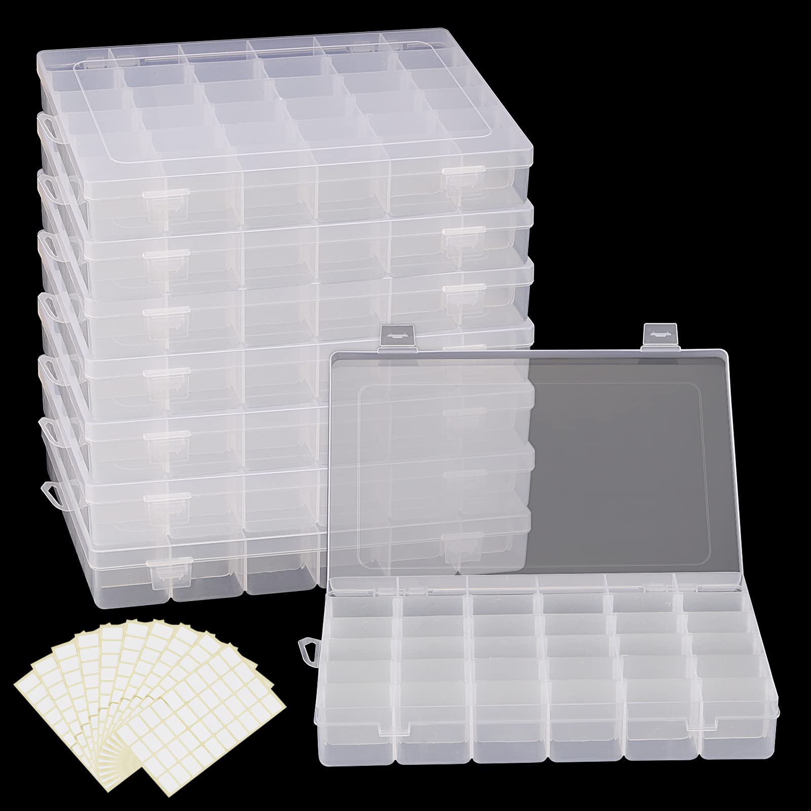 MANCHAP 8 Pack 36 Grids Clear Plastic Beads Storage Containers with Removable Dividers | Jewelry Organizer Box for Beads, Crafts & Label Stickers | Perfect for DIY Art Projects, Craft Room Organization & Small Parts Storage