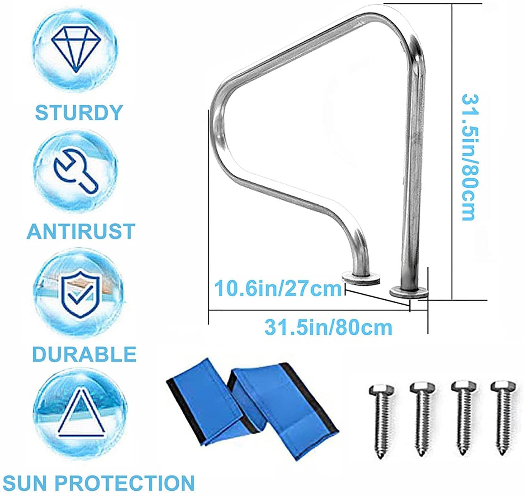 **304 Stainless Steel In-Ground Swimming Pool Hand Rail with Quick Mount Base - Full Accessories Set for Safety & Support - Perfect for Backyard, Residential, and Commercial Pools**